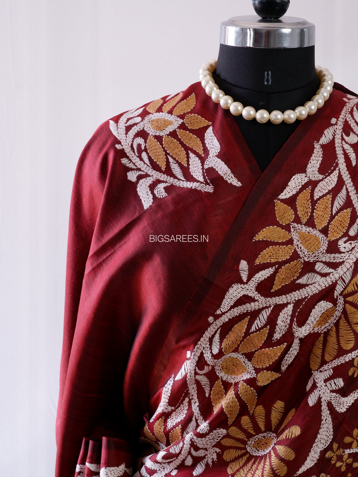 Kantha - Stitch Hand Embroidered Saree | Pure Bangalore Silk | Maroon