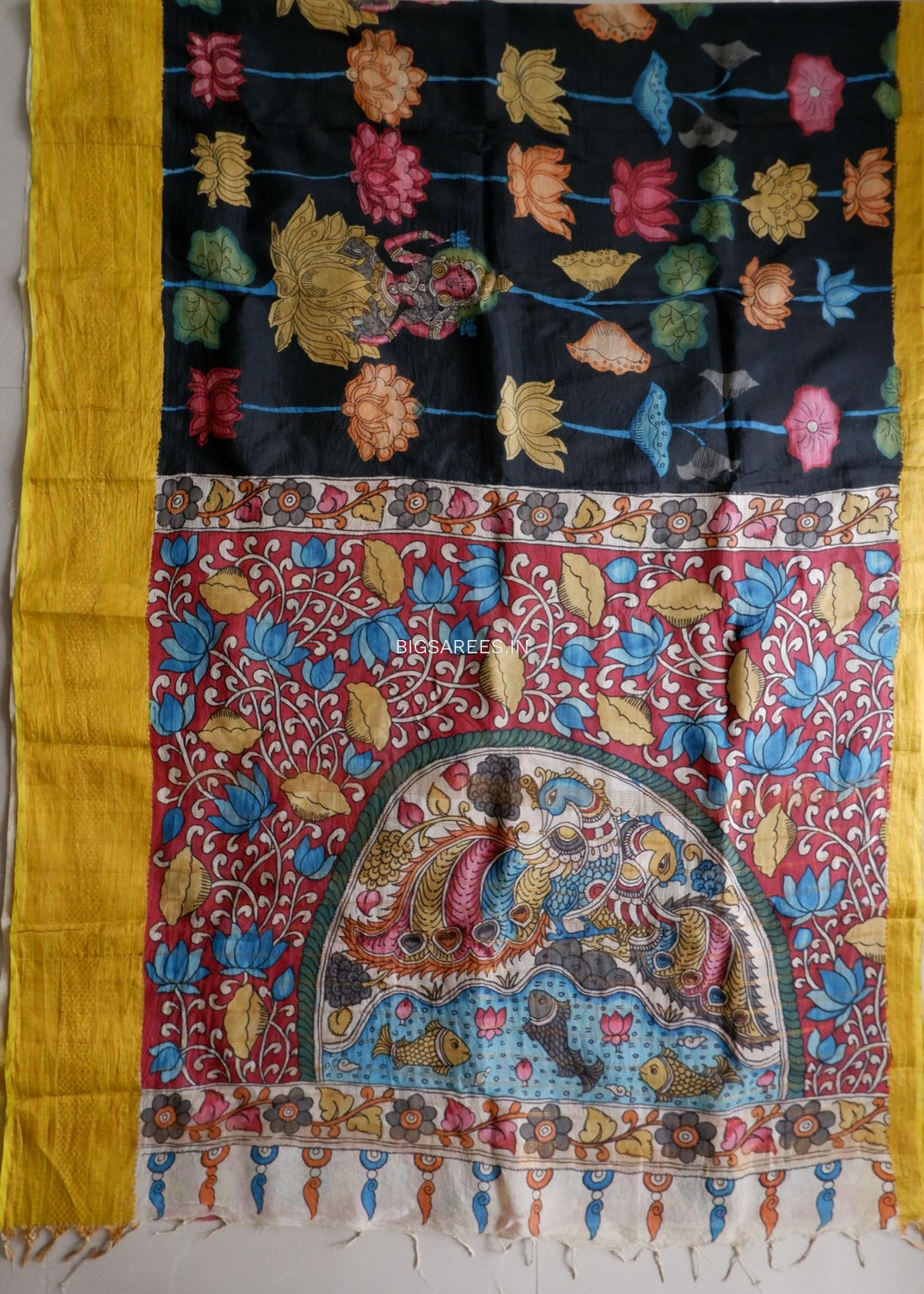 Hand-Painted Kalamkari Saree | Banglore Silk | Black
