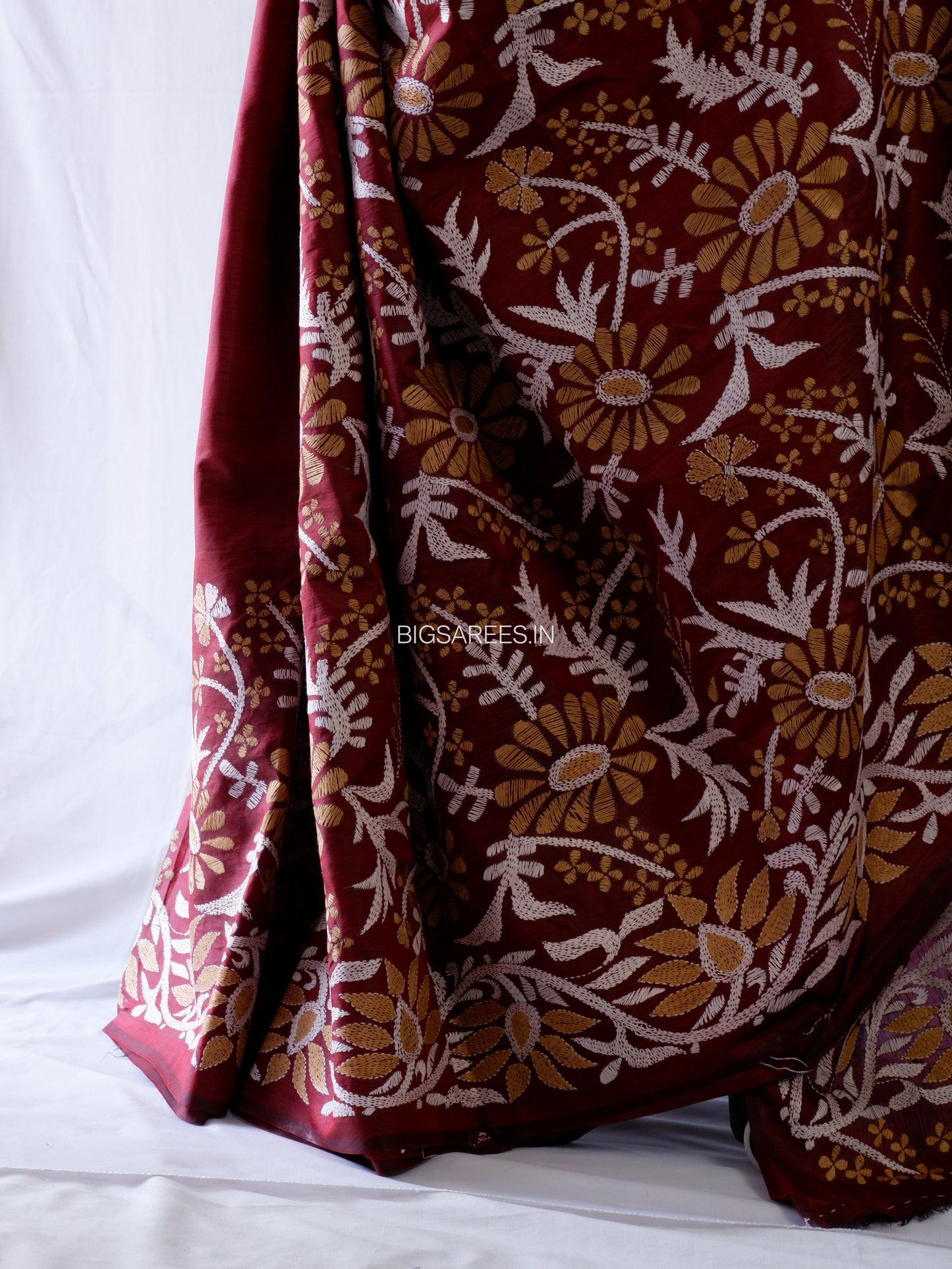 Kantha - Stitch Hand Embroidered Saree | Pure Bangalore Silk | Maroon