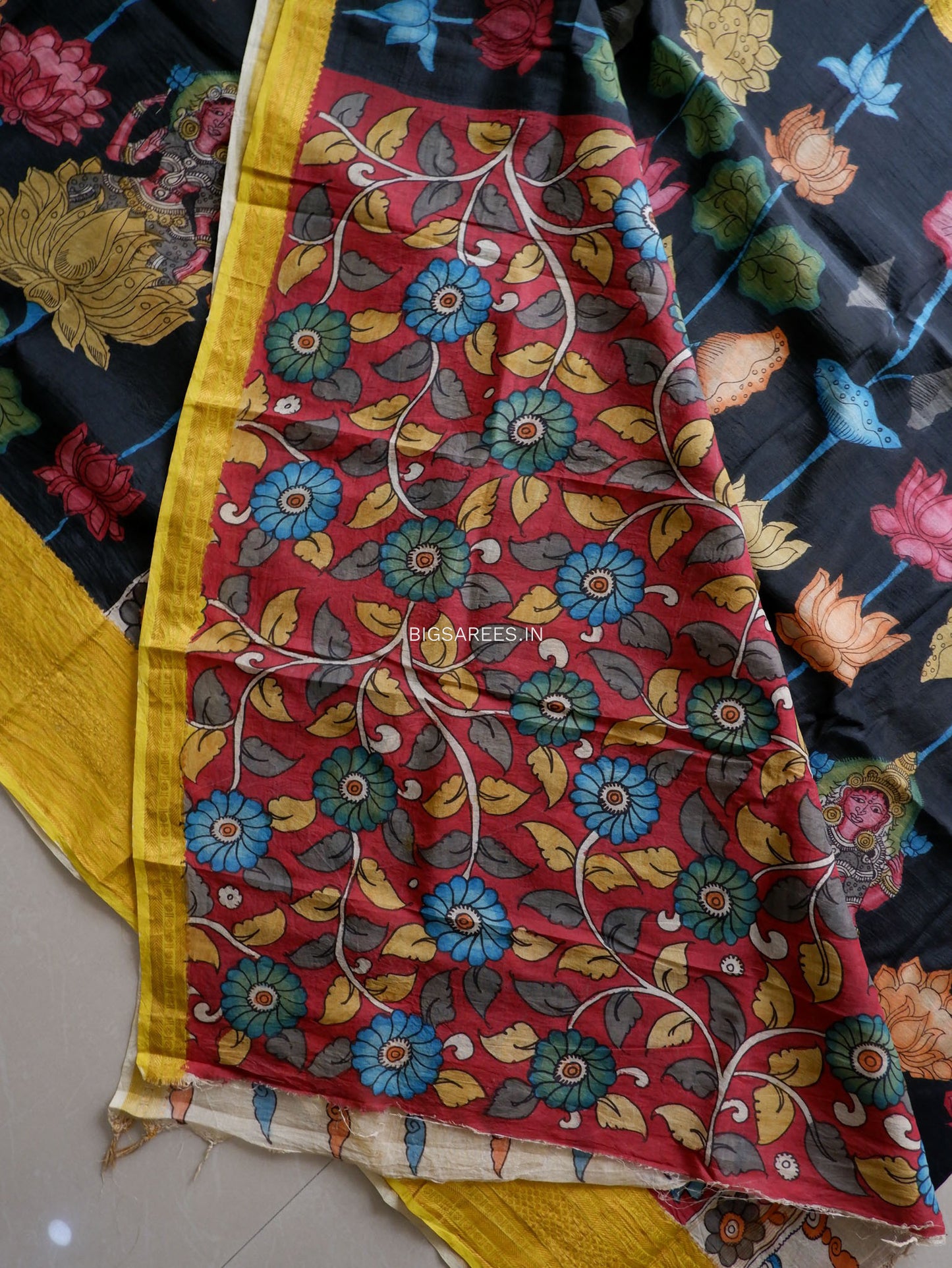 Hand-Painted Kalamkari Saree | Banglore Silk | Black