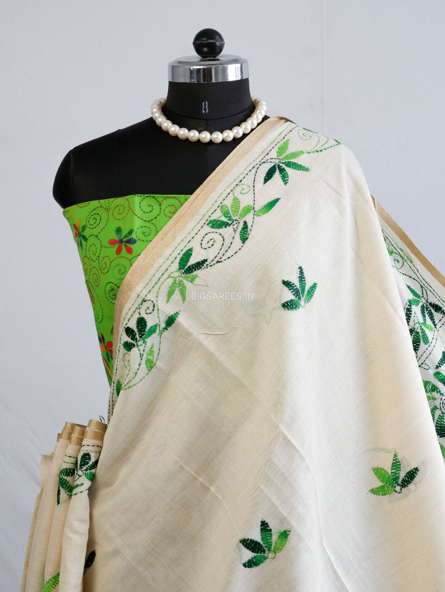 Kantha Stitch Semi Tussar with Blouse | Hand-Embroidered | White