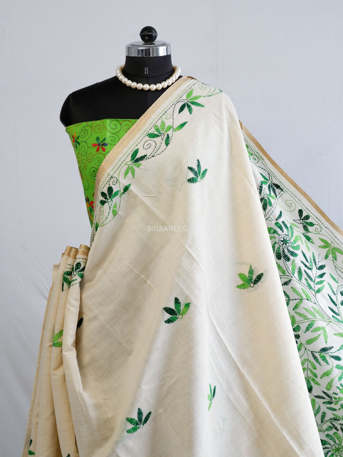 Kantha Stitch Semi Tussar with Blouse | Hand-Embroidered | White