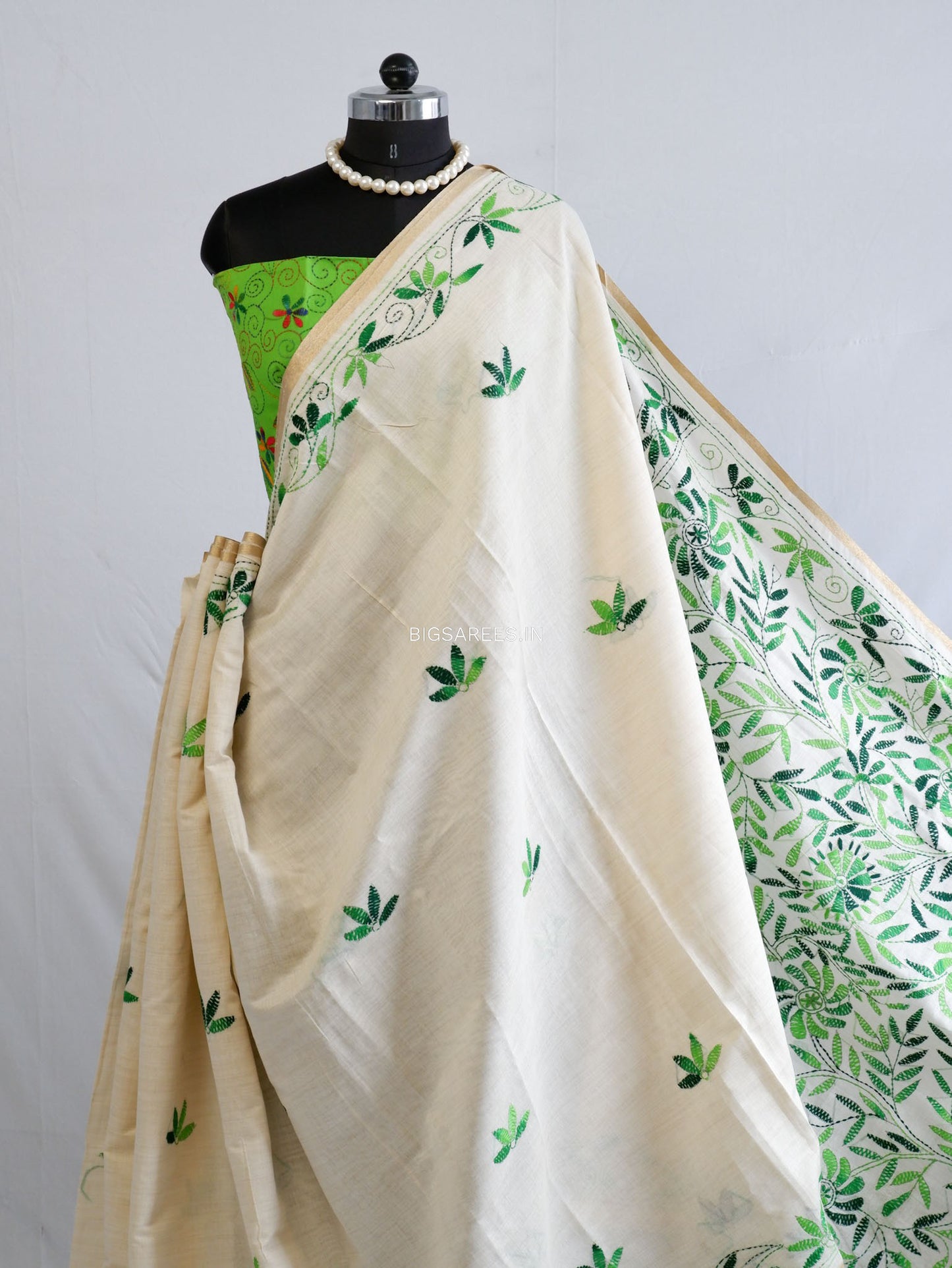 Kantha Stitch Semi Tussar with Blouse | Hand-Embroidered | White
