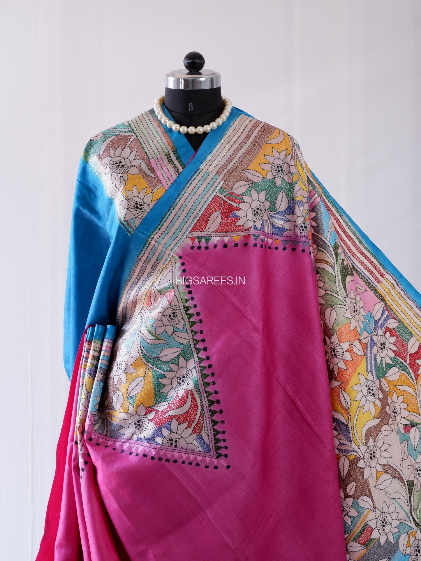Kantha - Stitch Hand Embroidered Saree | Pure Gachi by Gachi Tussar Silk | Silk Mark Certified | Pink-Blue