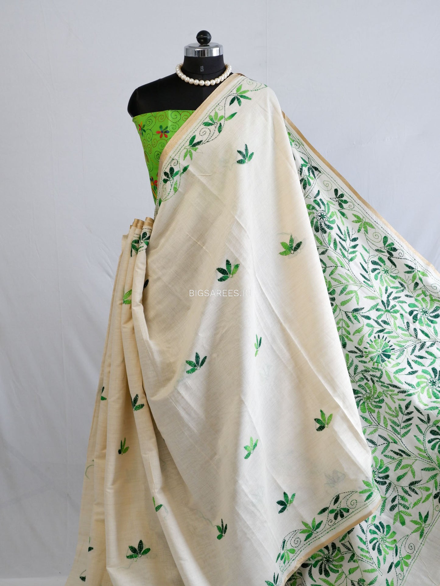 Kantha Stitch Semi Tussar with Blouse | Hand-Embroidered | White