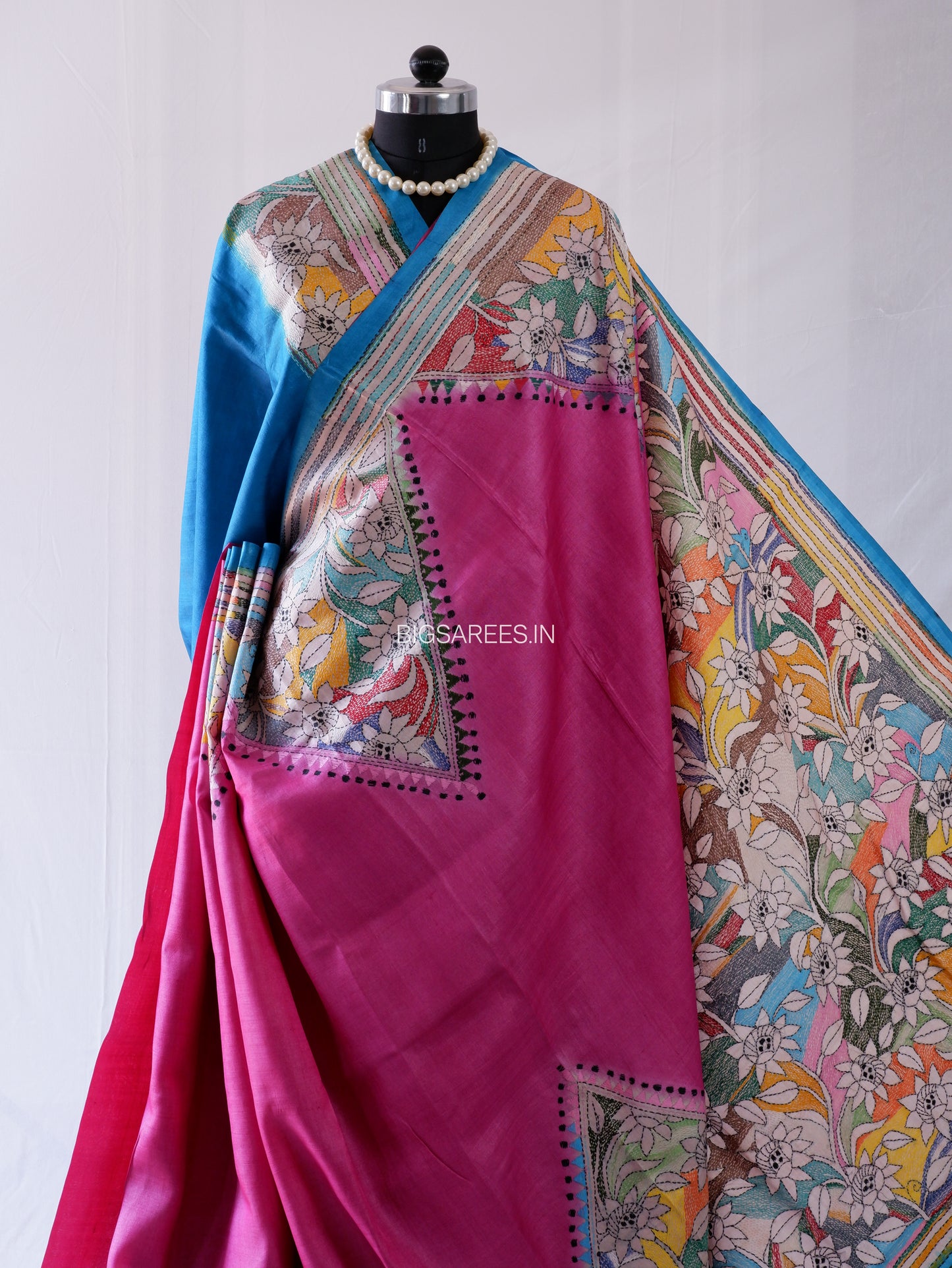 Kantha - Stitch Hand Embroidered Saree | Pure Gachi by Gachi Tussar Silk | Silk Mark Certified | Pink-Blue