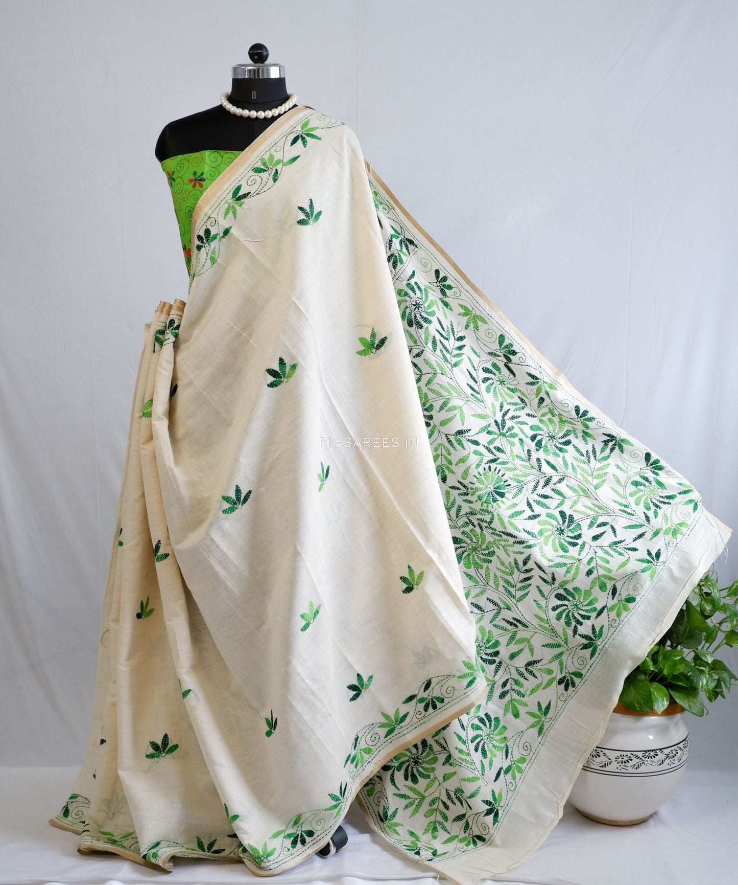 Kantha Stitch Semi Tussar with Blouse | Hand-Embroidered | White