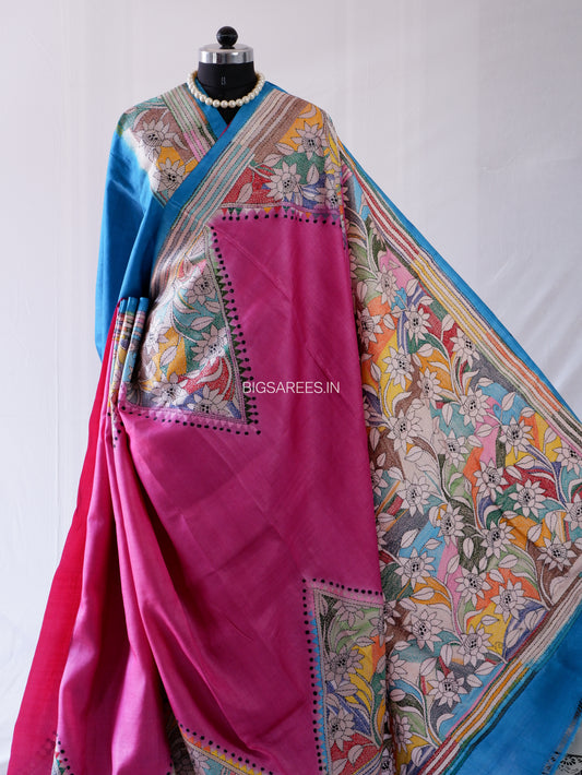 Kantha - Stitch Hand Embroidered Saree | Pure Gachi by Gachi Tussar Silk | Silk Mark Certified | Pink-Blue