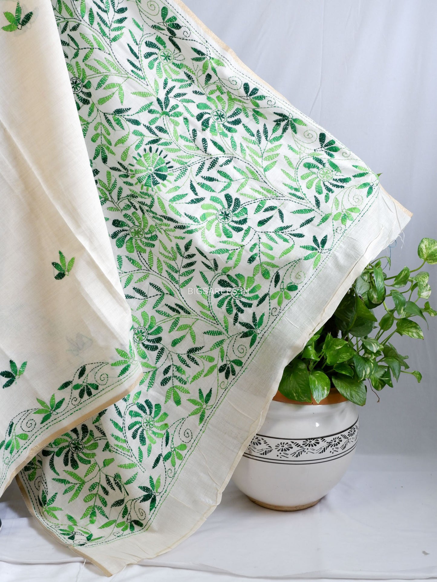 Kantha Stitch Semi Tussar with Blouse | Hand-Embroidered | White