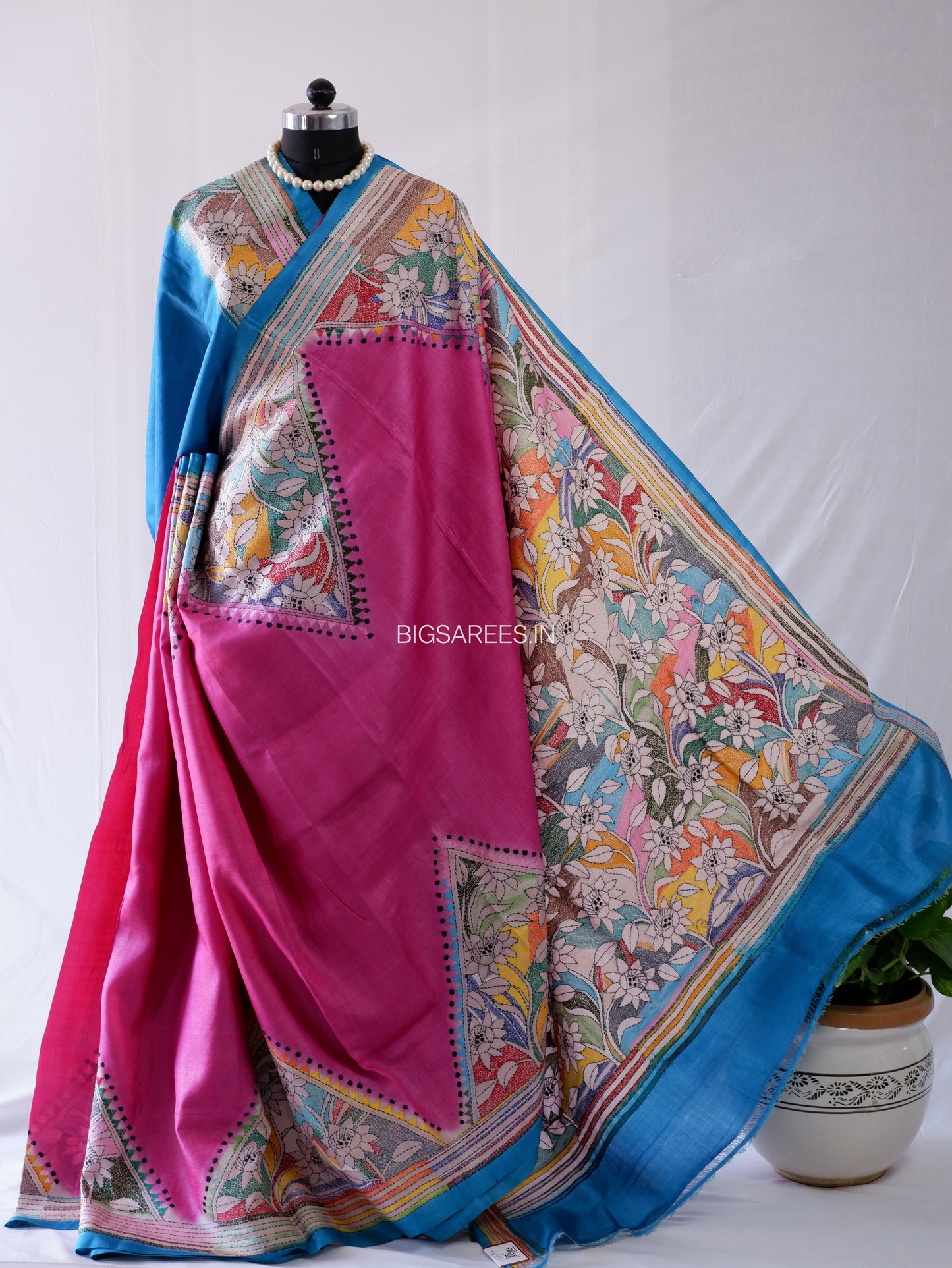 Kantha - Stitch Hand Embroidered Saree | Pure Gachi by Gachi Tussar Silk | Silk Mark Certified | Pink-Blue
