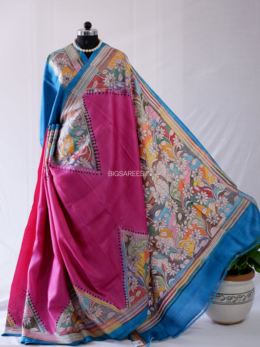Kantha - Stitch Hand Embroidered Saree | Pure Gachi by Gachi Tussar Silk | Silk Mark Certified | Pink-Blue