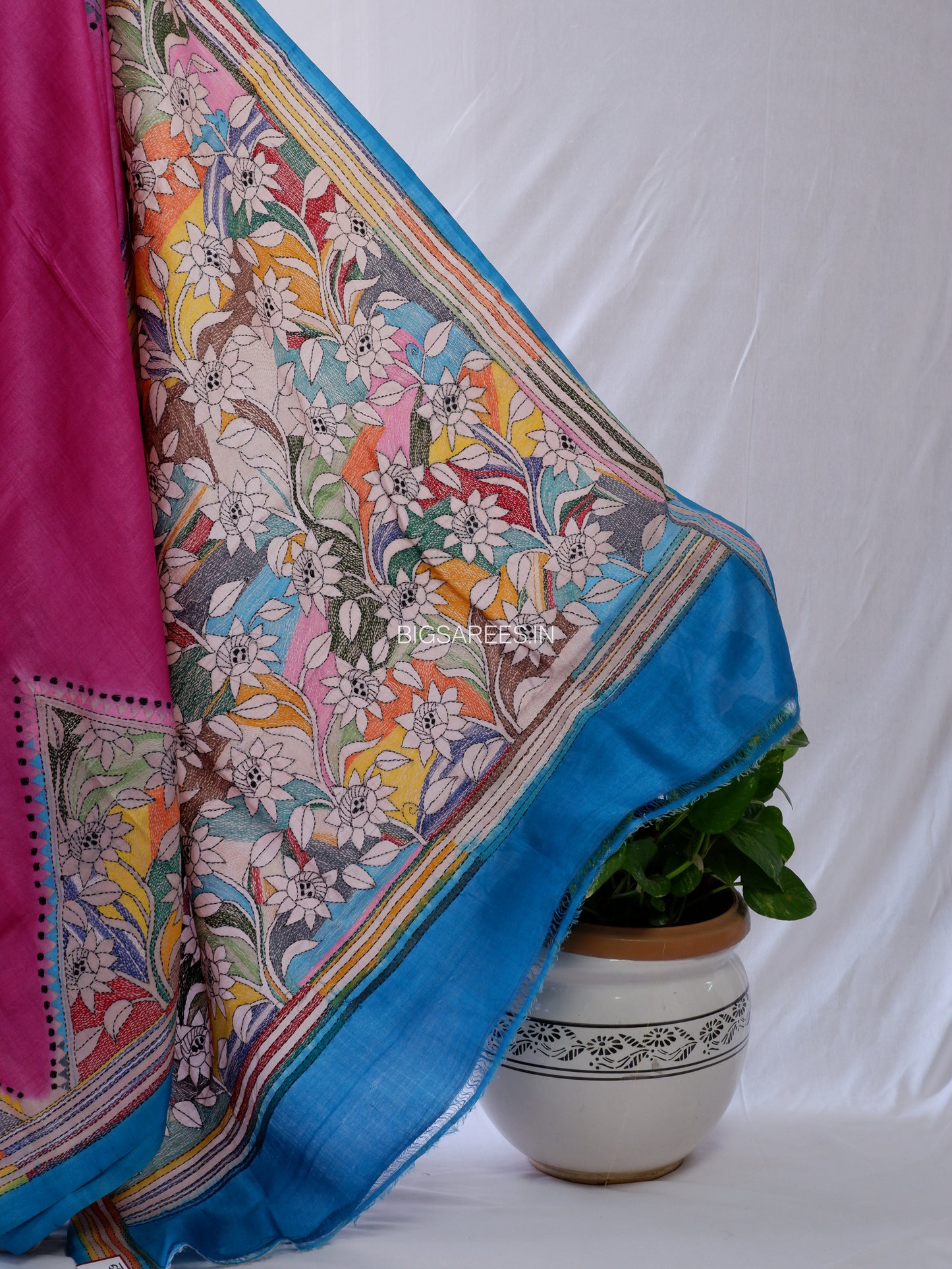 Kantha - Stitch Hand Embroidered Saree | Pure Gachi by Gachi Tussar Silk | Silk Mark Certified | Pink-Blue