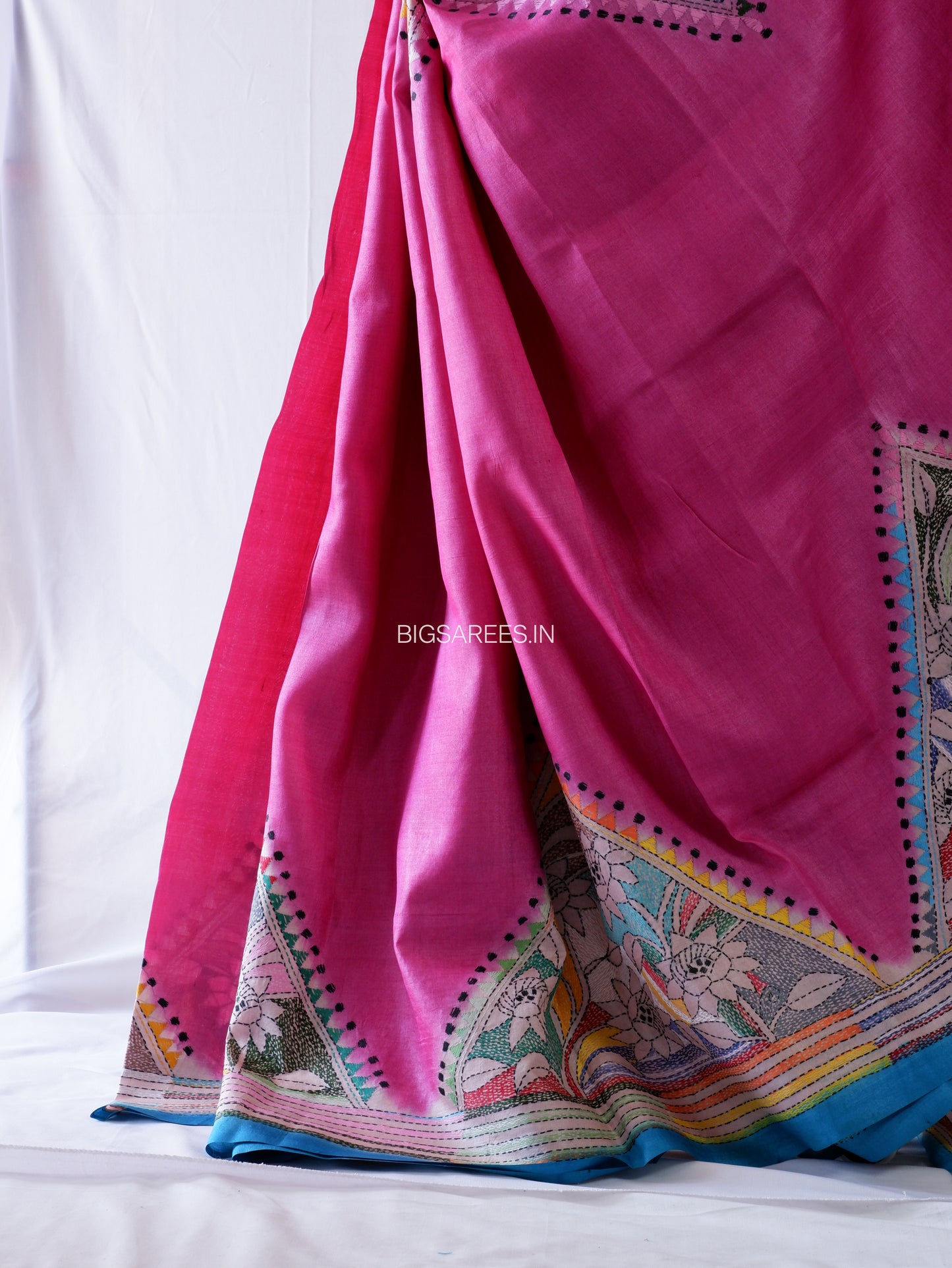 Kantha - Stitch Hand Embroidered Saree | Pure Gachi by Gachi Tussar Silk | Silk Mark Certified | Pink-Blue