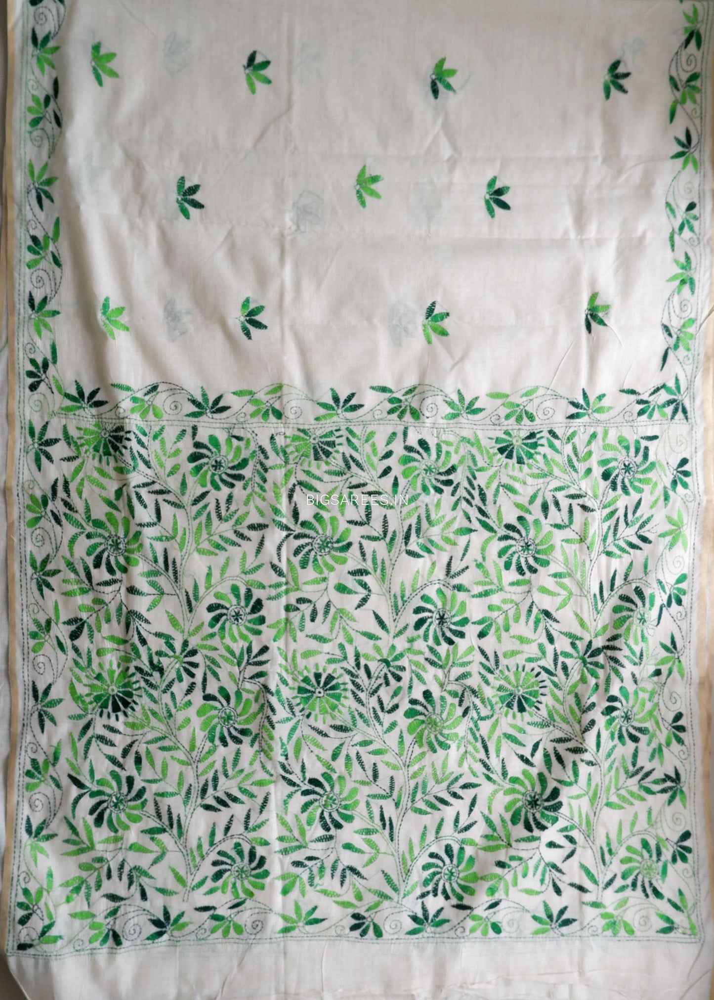 Kantha Stitch Semi Tussar with Blouse | Hand-Embroidered | White