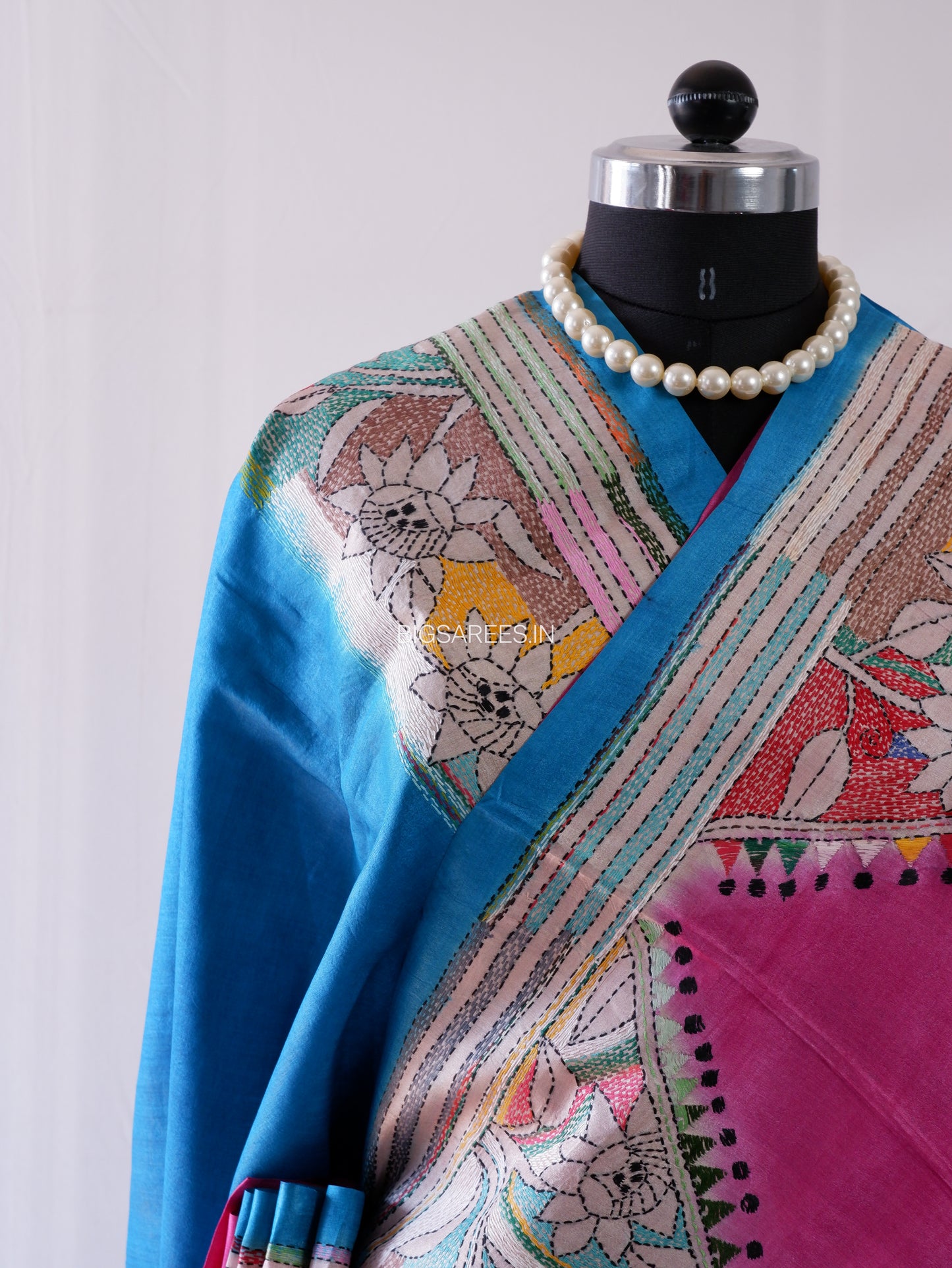 Kantha - Stitch Hand Embroidered Saree | Pure Gachi by Gachi Tussar Silk | Silk Mark Certified | Pink-Blue
