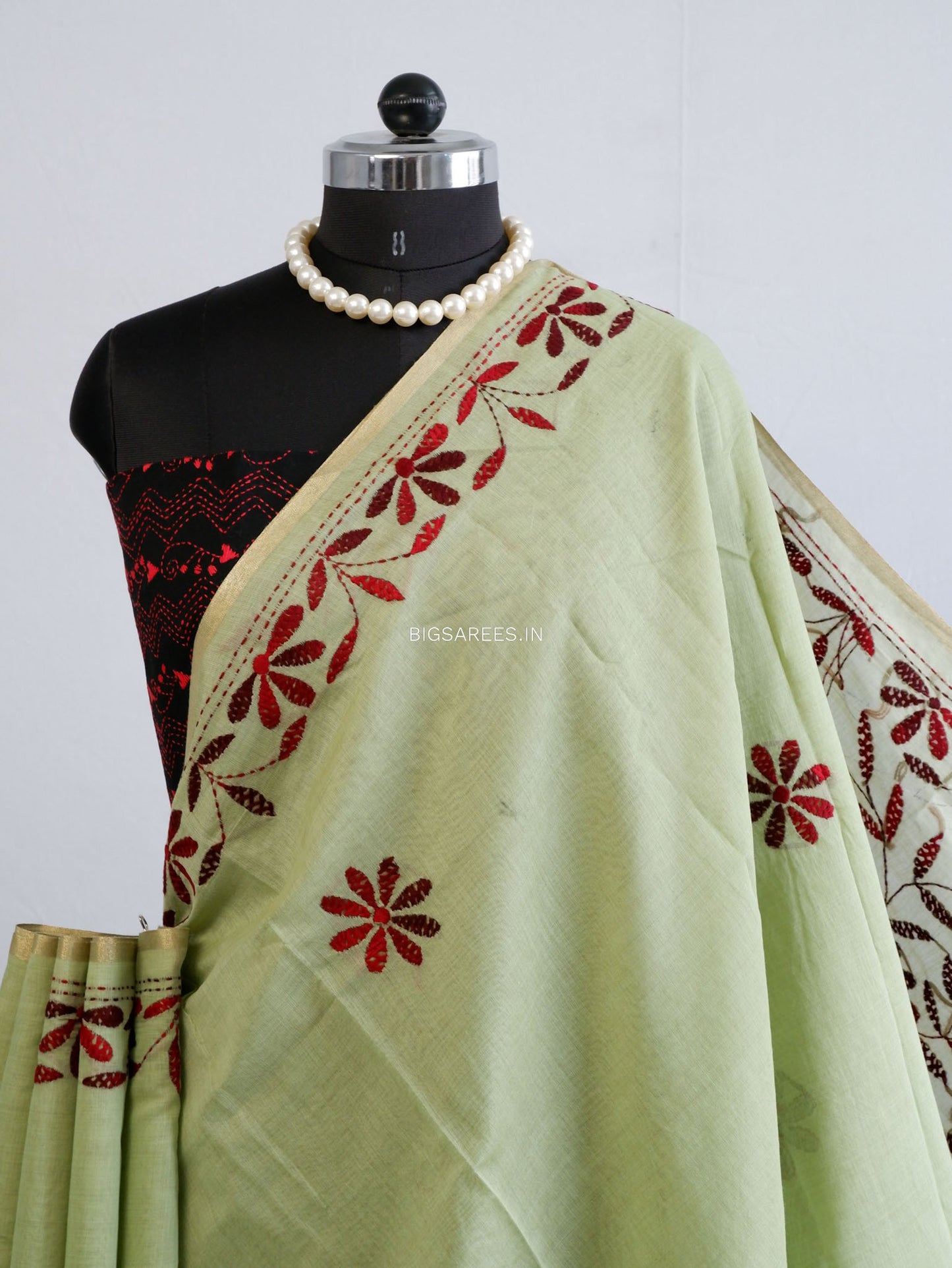 Kantha Stitch Semi Tussar with Blouse | Hand-Embroidered | Sage Green