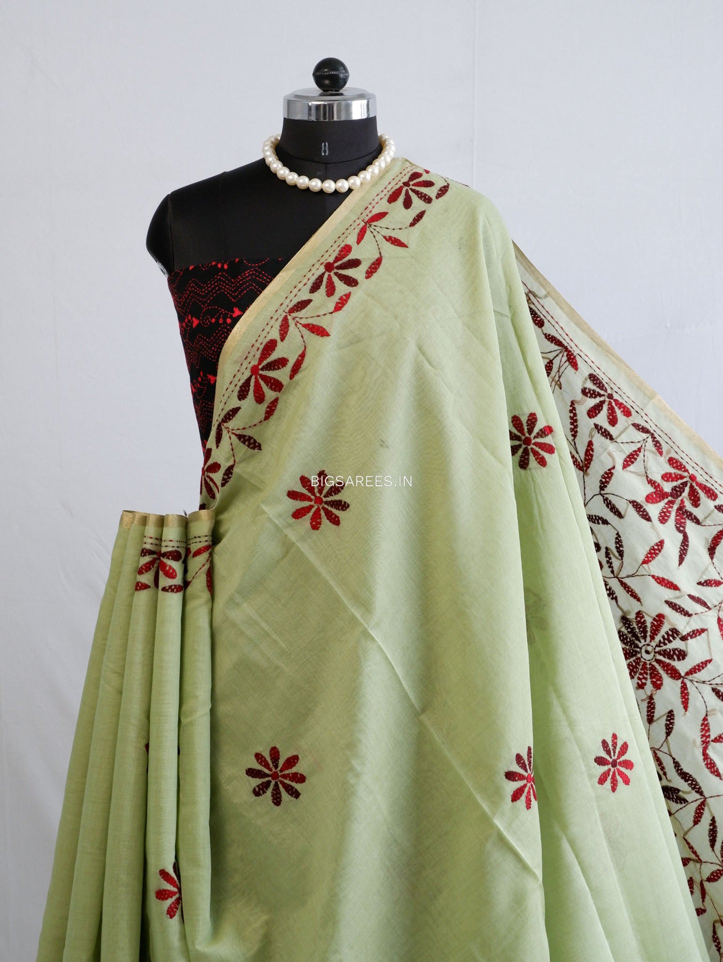 Kantha Stitch Semi Tussar with Blouse | Hand-Embroidered | Sage Green