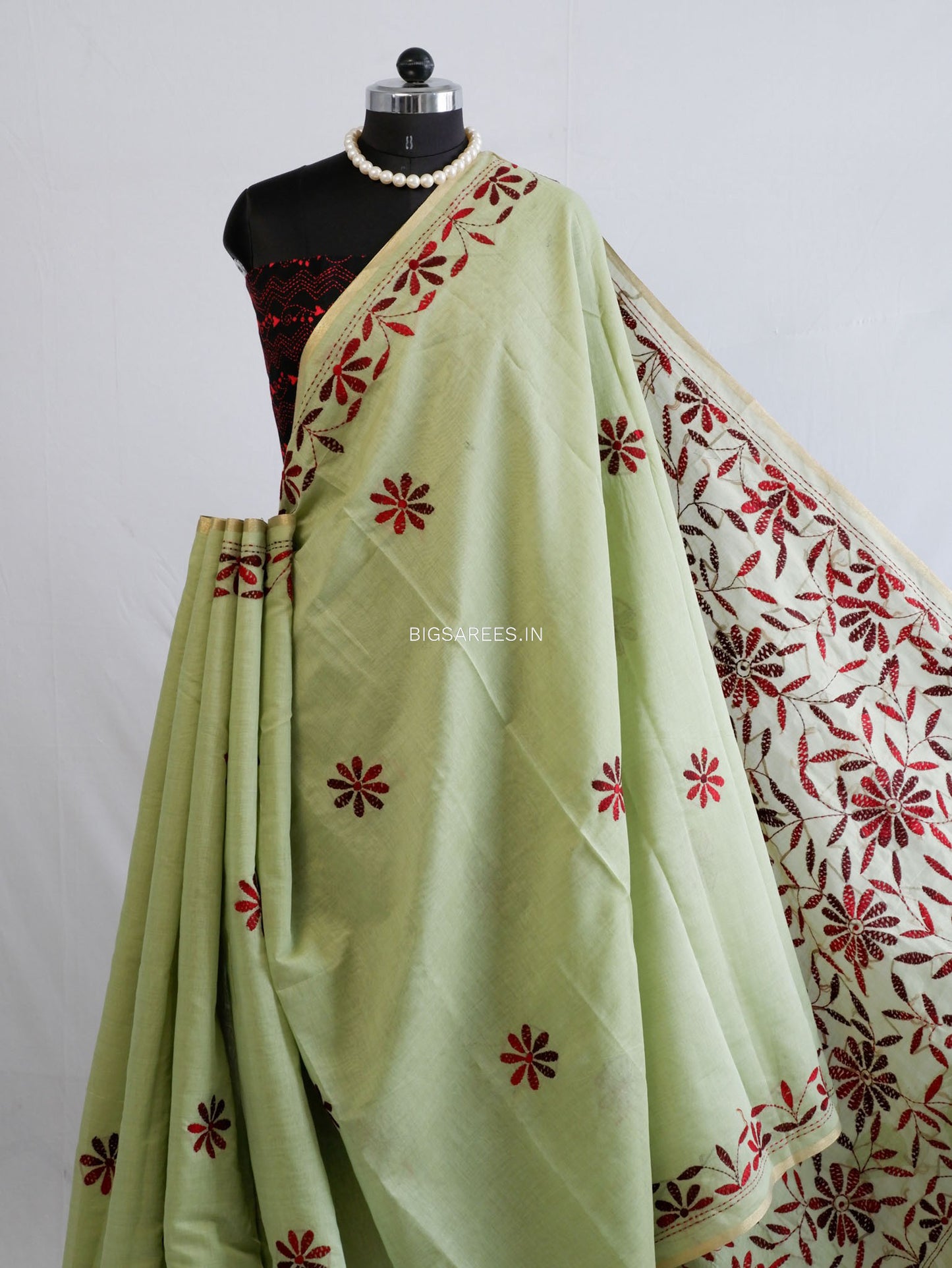 Kantha Stitch Semi Tussar with Blouse | Hand-Embroidered | Sage Green