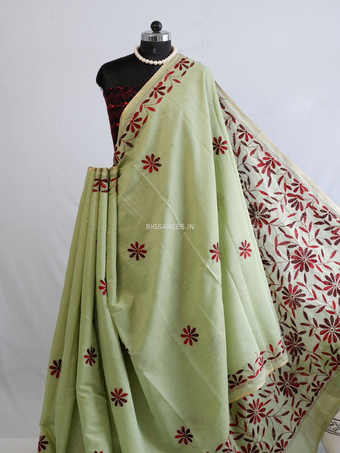 Kantha Stitch Semi Tussar with Blouse | Hand-Embroidered | Sage Green