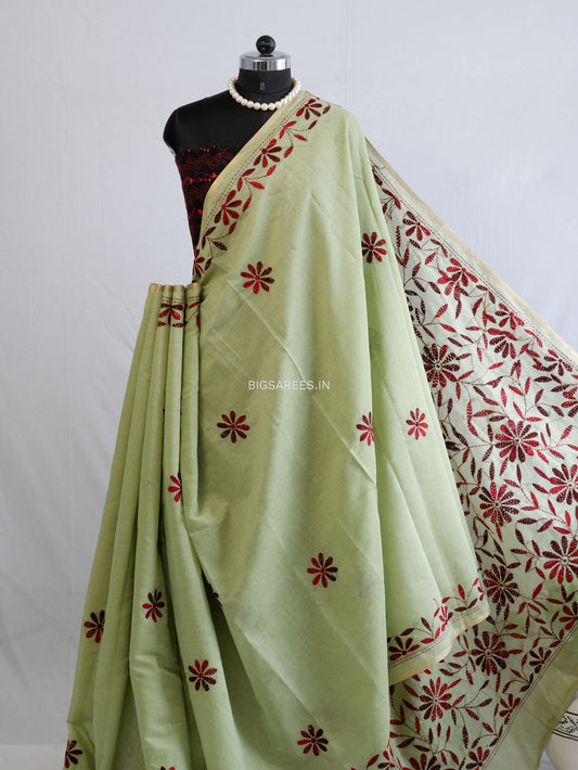 Kantha Stitch Semi Tussar with Blouse | Hand-Embroidered | Sage Green