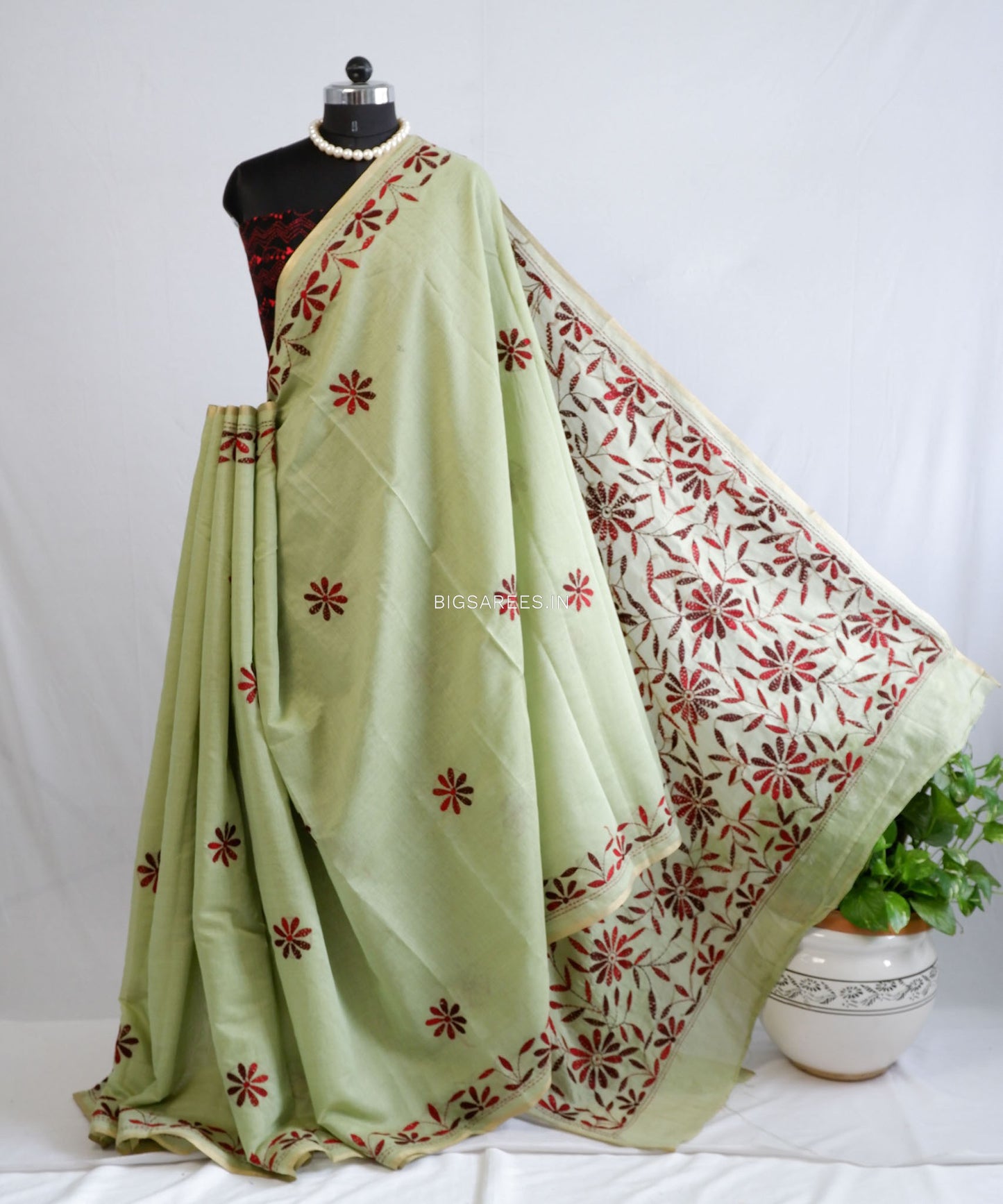 Kantha Stitch Semi Tussar with Blouse | Hand-Embroidered | Sage Green