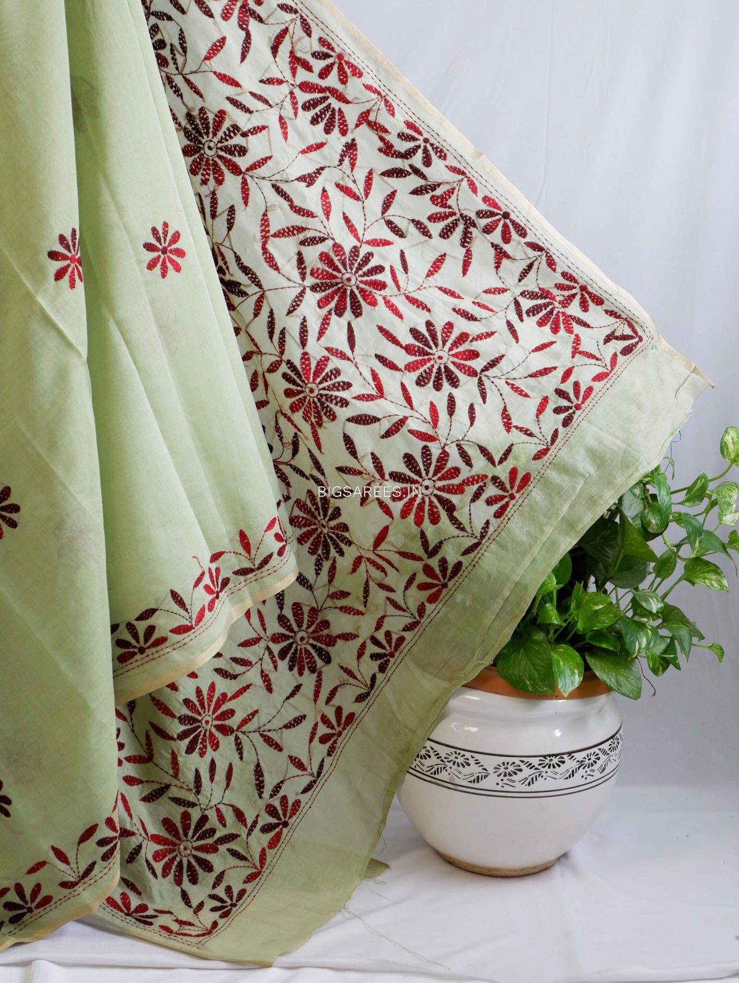 Kantha Stitch Semi Tussar with Blouse | Hand-Embroidered | Sage Green