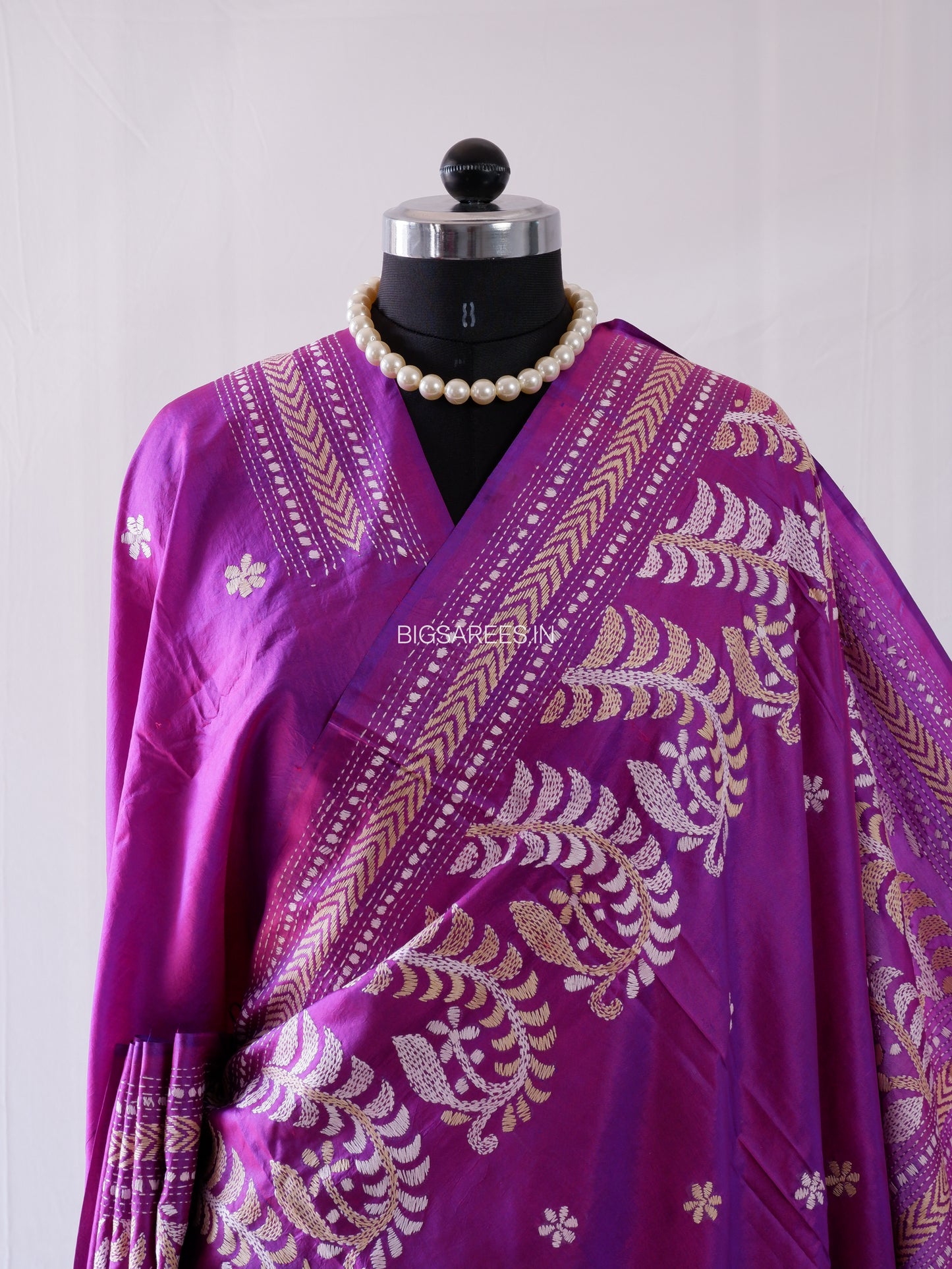 Kantha - Stitch Hand Embroidered Saree | Pure Bangalore Silk | Purple