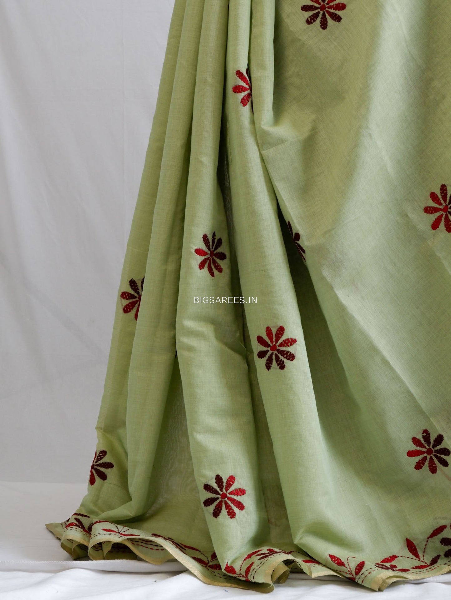 Kantha Stitch Semi Tussar with Blouse | Hand-Embroidered | Sage Green