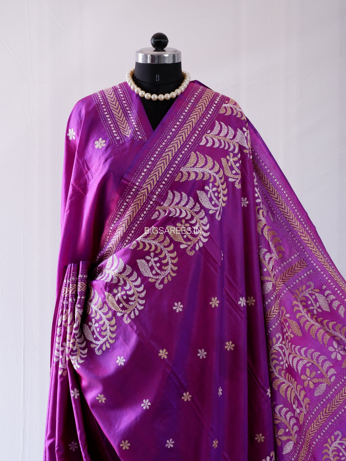 Kantha - Stitch Hand Embroidered Saree | Pure Bangalore Silk | Purple