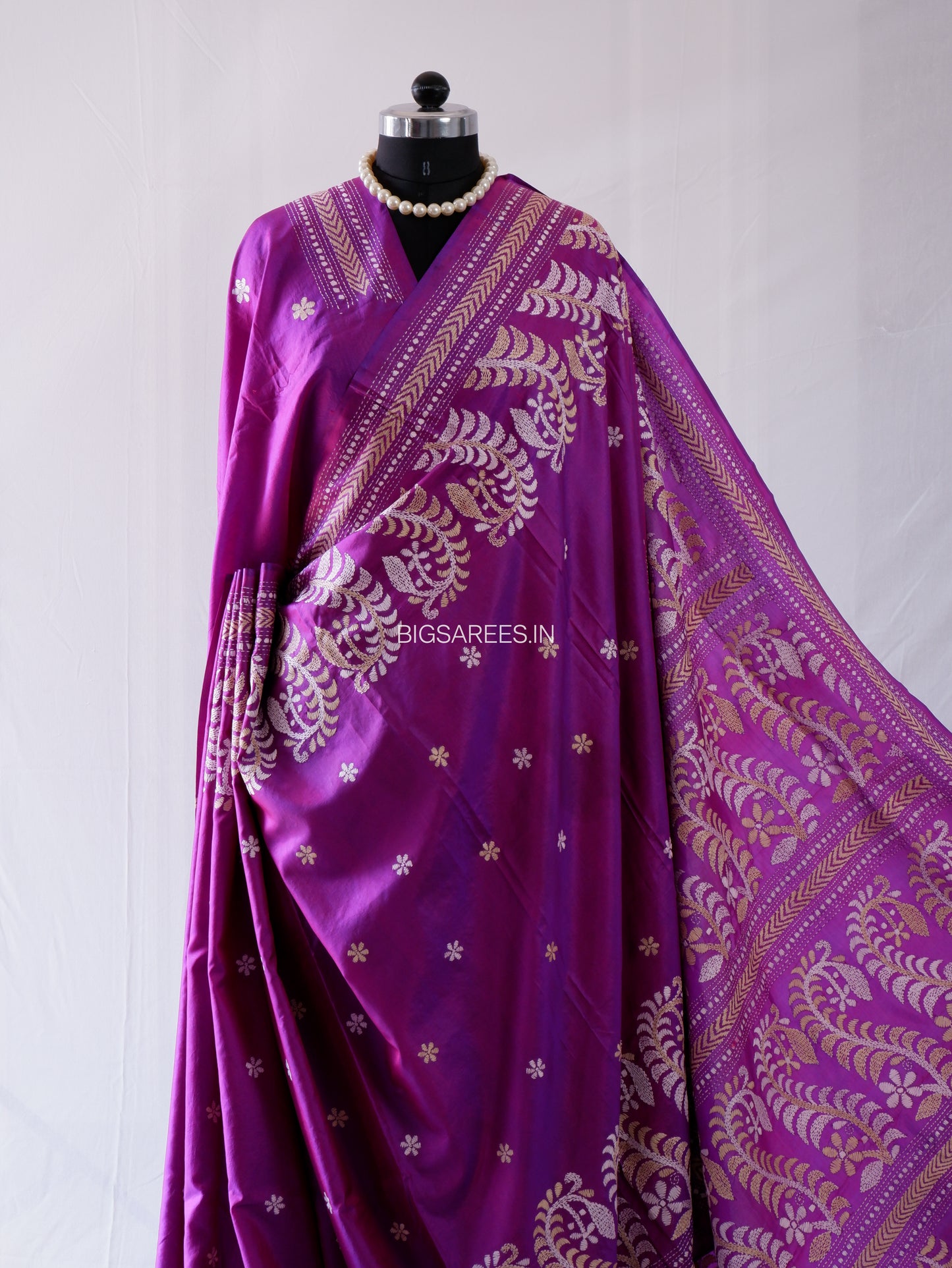 Kantha - Stitch Hand Embroidered Saree | Pure Bangalore Silk | Purple