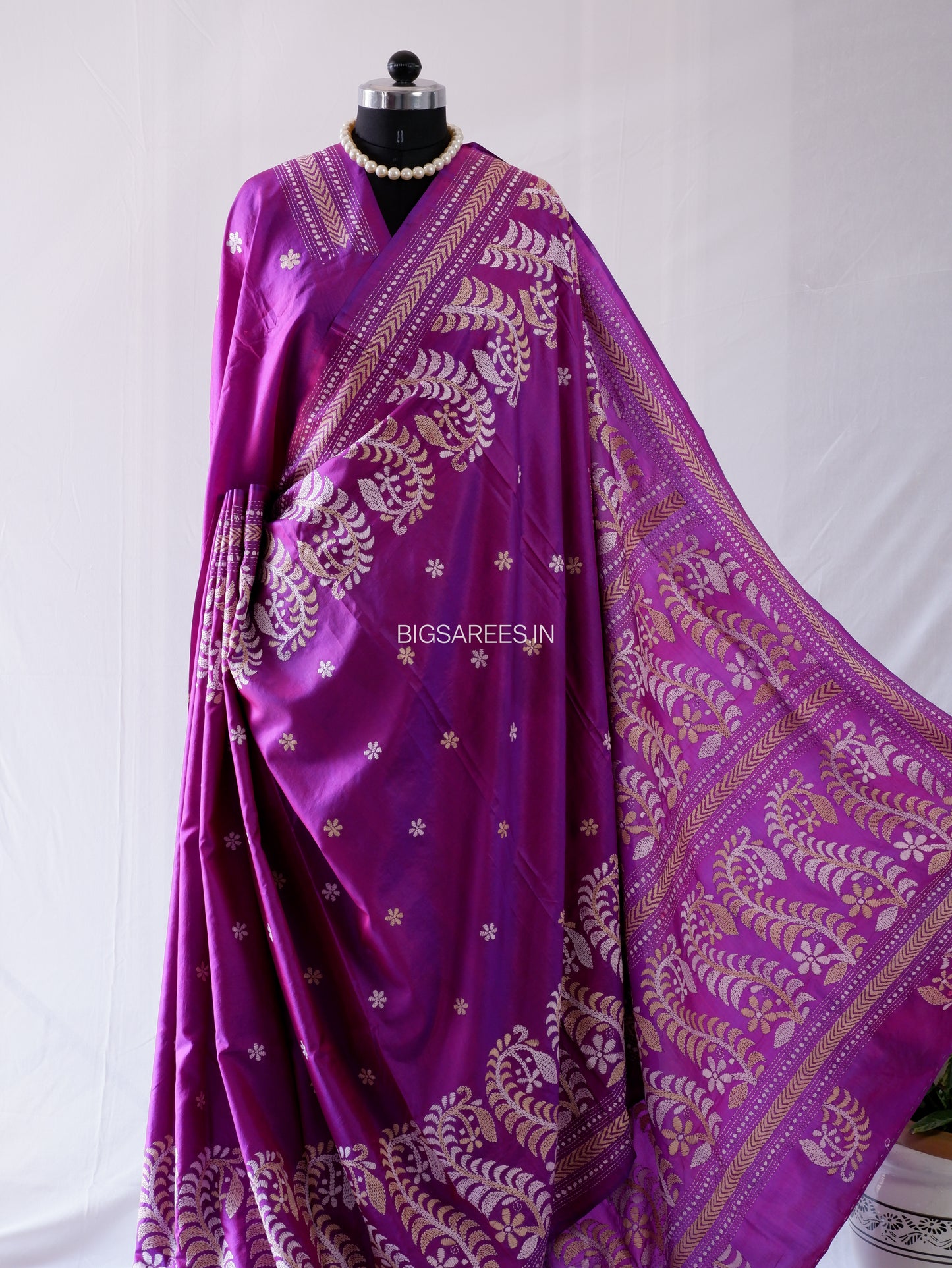 Kantha - Stitch Hand Embroidered Saree | Pure Bangalore Silk | Purple