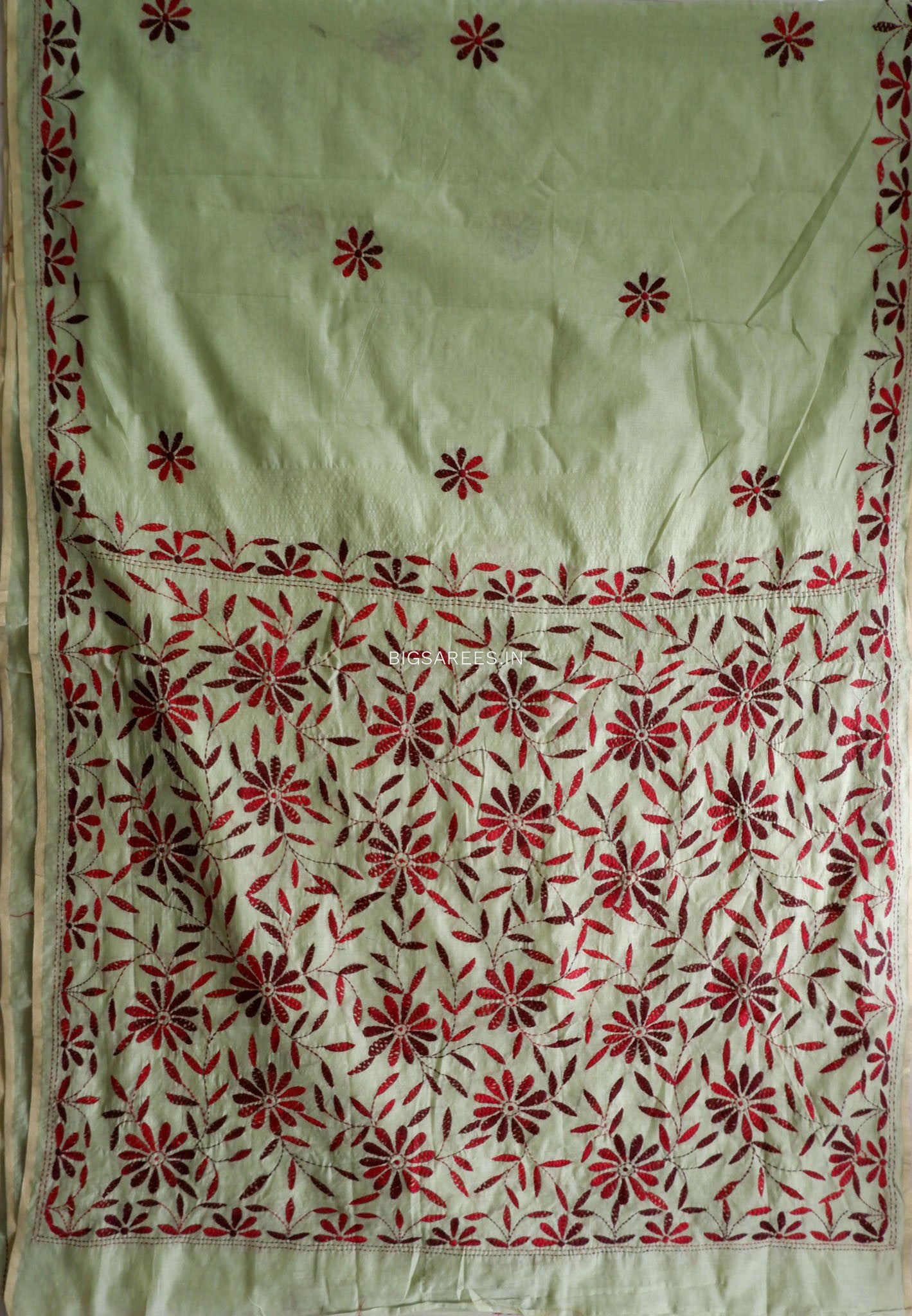 Kantha Stitch Semi Tussar with Blouse | Hand-Embroidered | Sage Green