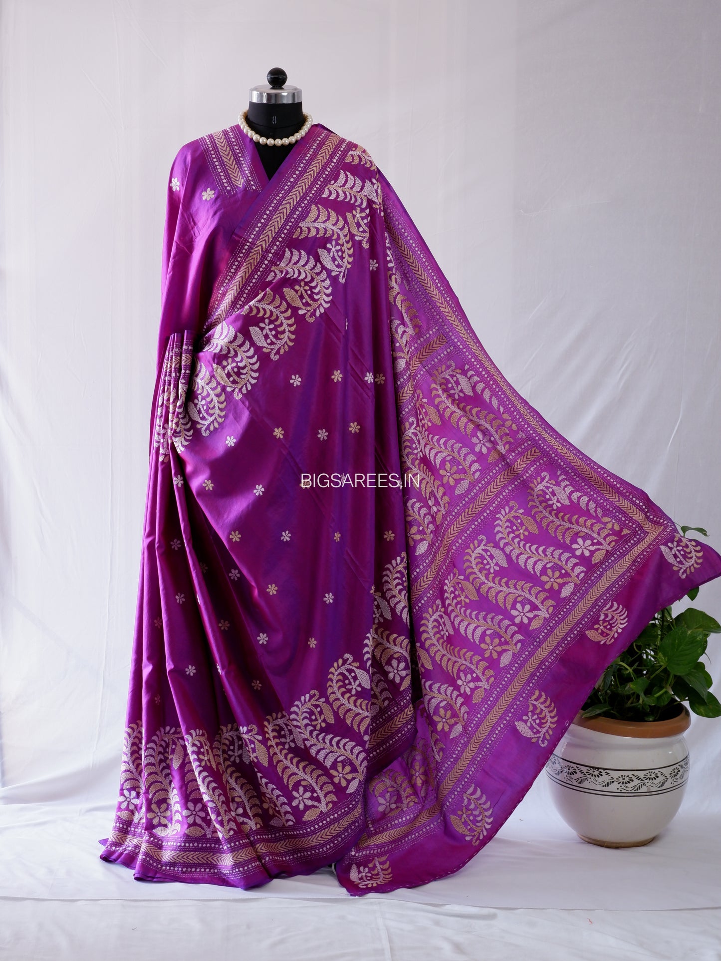 Kantha - Stitch Hand Embroidered Saree | Pure Bangalore Silk | Purple