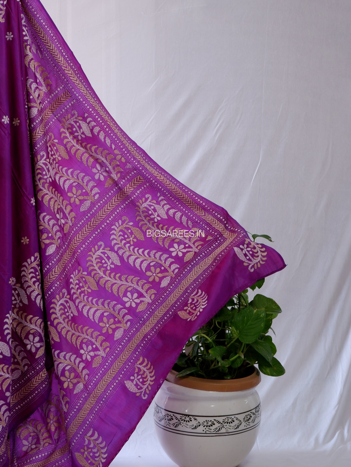 Kantha - Stitch Hand Embroidered Saree | Pure Bangalore Silk | Purple