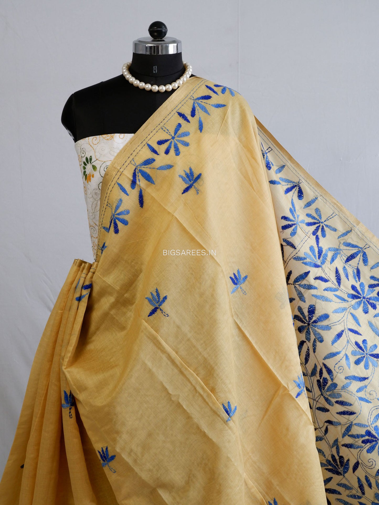 Kantha Stitch Semi Tussar with Blouse | Hand-Embroidered | Muted Yellow