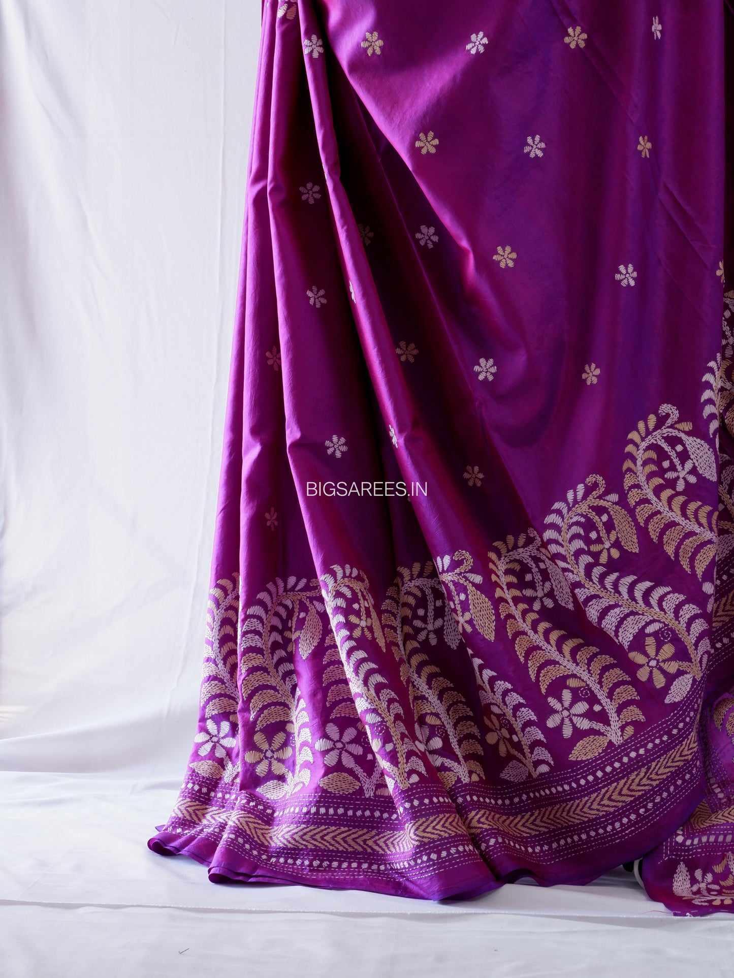 Kantha - Stitch Hand Embroidered Saree | Pure Bangalore Silk | Purple
