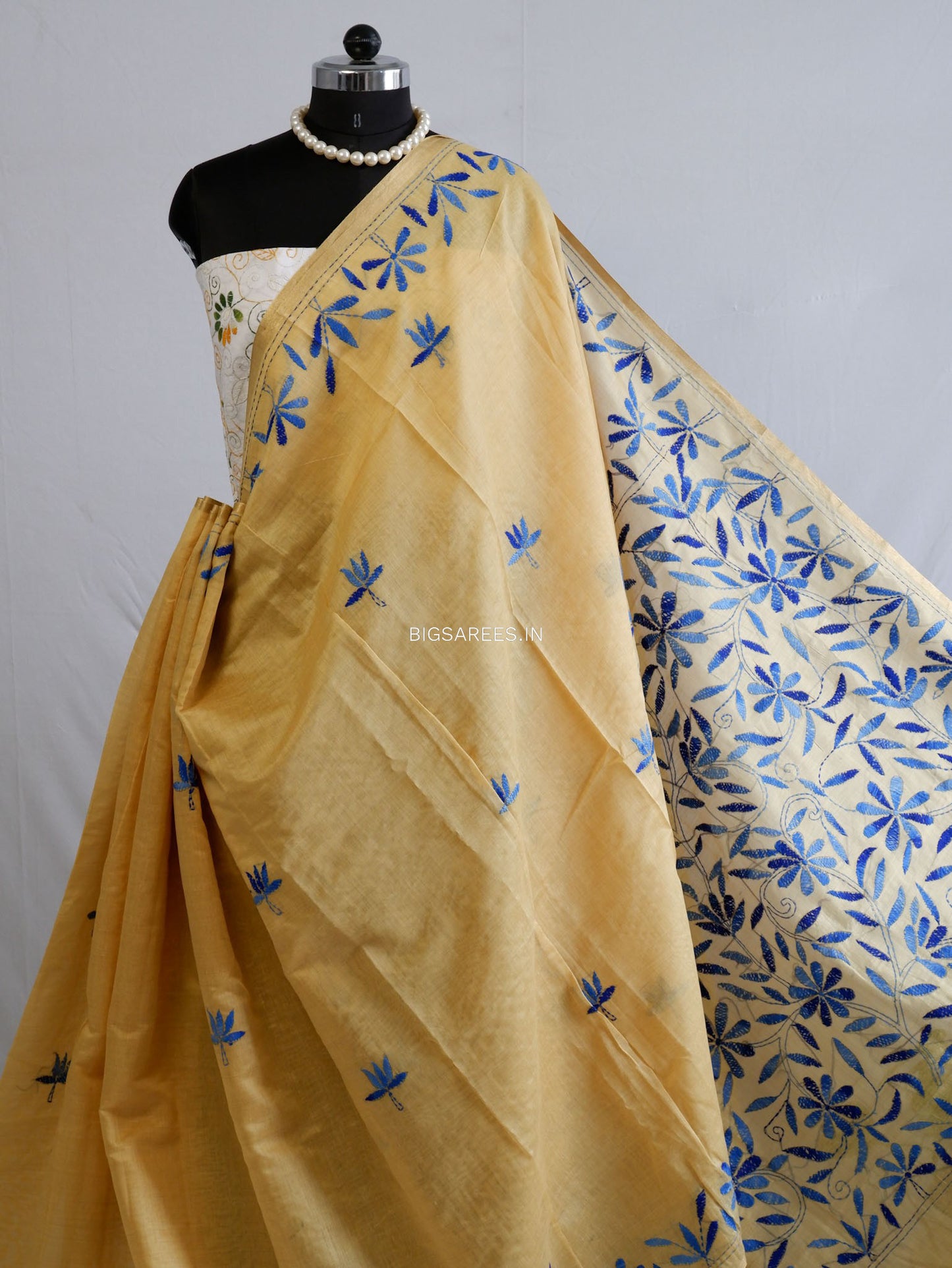 Kantha Stitch Semi Tussar with Blouse | Hand-Embroidered | Muted Yellow