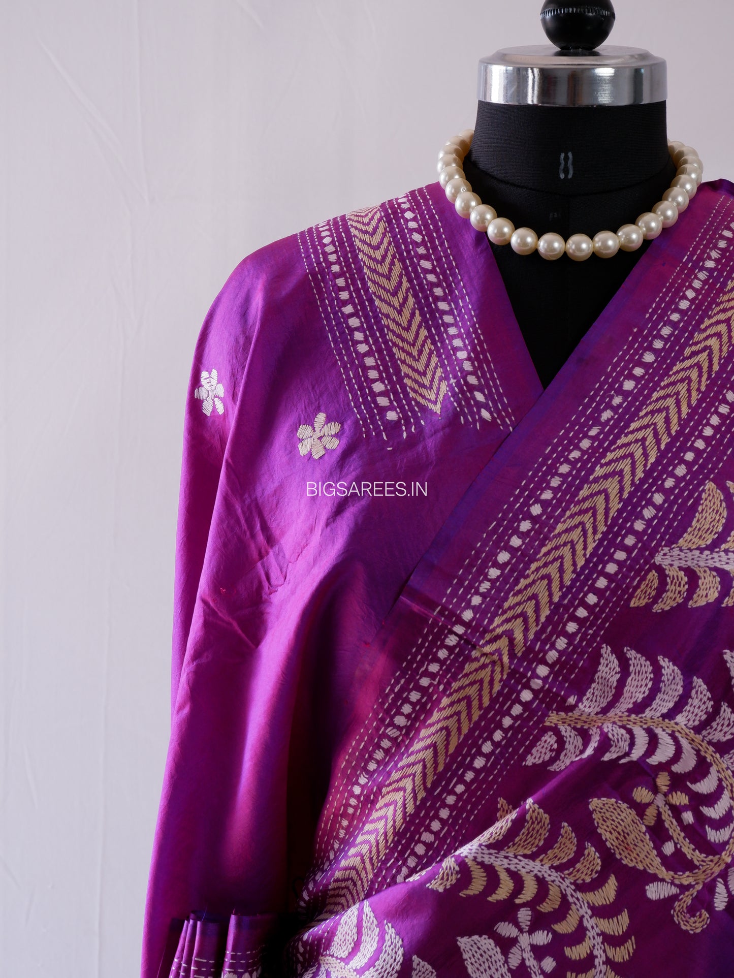 Kantha - Stitch Hand Embroidered Saree | Pure Bangalore Silk | Purple