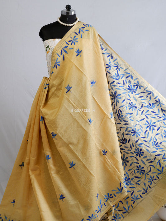 Kantha Stitch Semi Tussar with Blouse | Hand-Embroidered | Muted Yellow