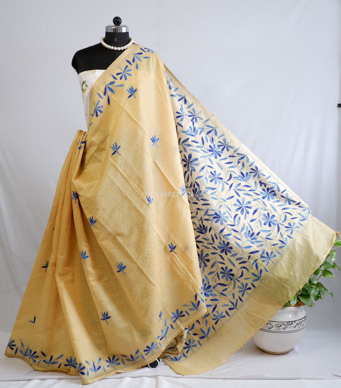 Kantha Stitch Semi Tussar with Blouse | Hand-Embroidered | Muted Yellow
