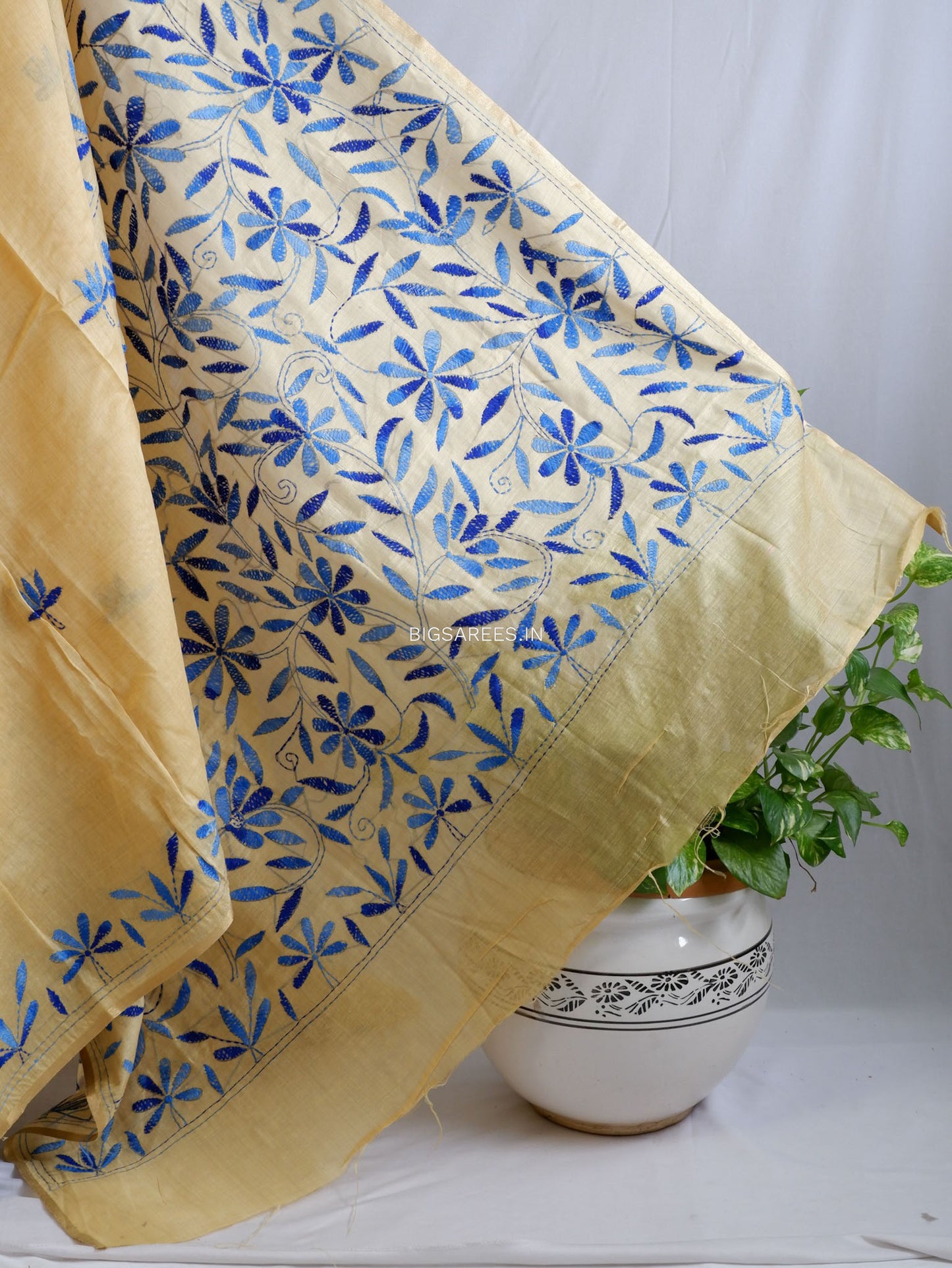 Kantha Stitch Semi Tussar with Blouse | Hand-Embroidered | Muted Yellow