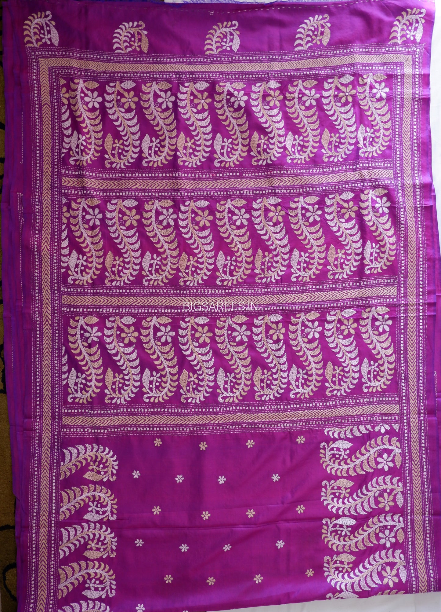 Kantha - Stitch Hand Embroidered Saree | Pure Bangalore Silk | Purple