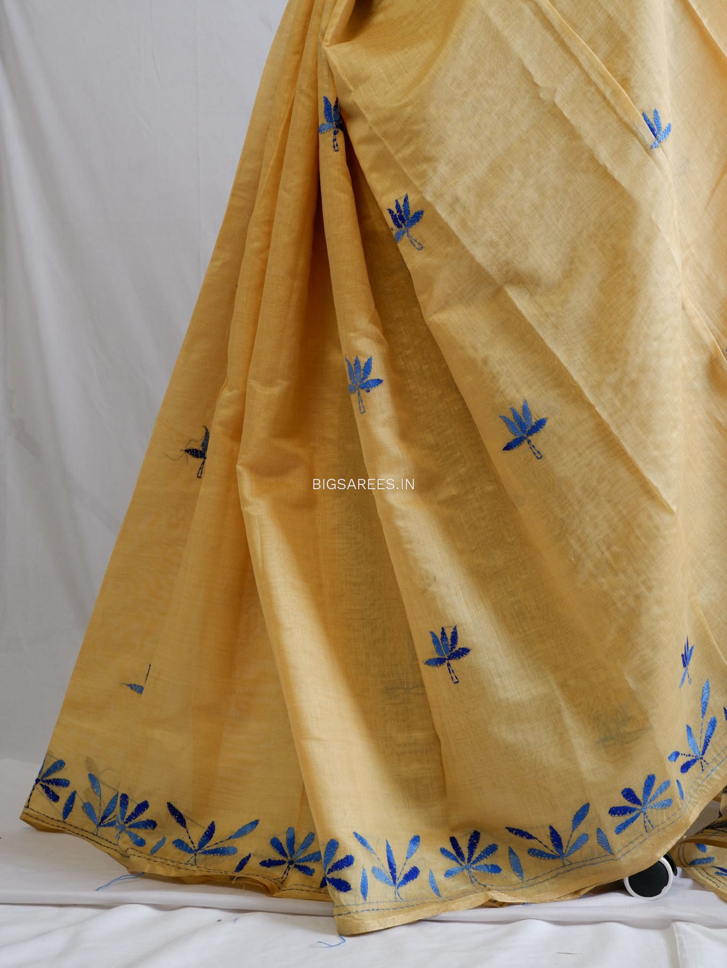 Kantha Stitch Semi Tussar with Blouse | Hand-Embroidered | Muted Yellow