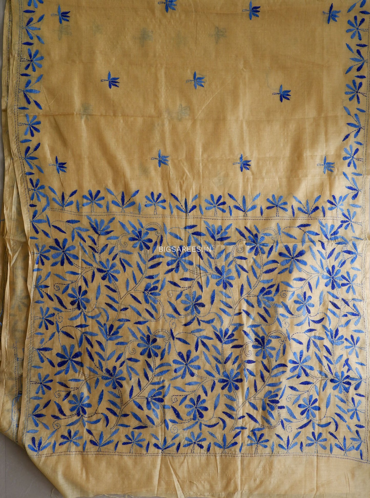 Kantha Stitch Semi Tussar with Blouse | Hand-Embroidered | Muted Yellow