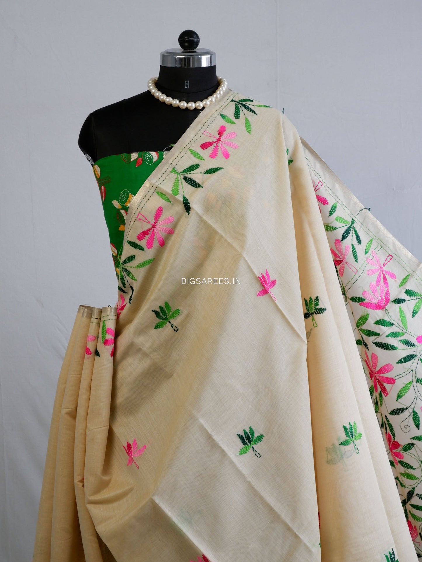 Kantha Stitch Semi Tussar with Blouse | Hand-Embroidered | Beige