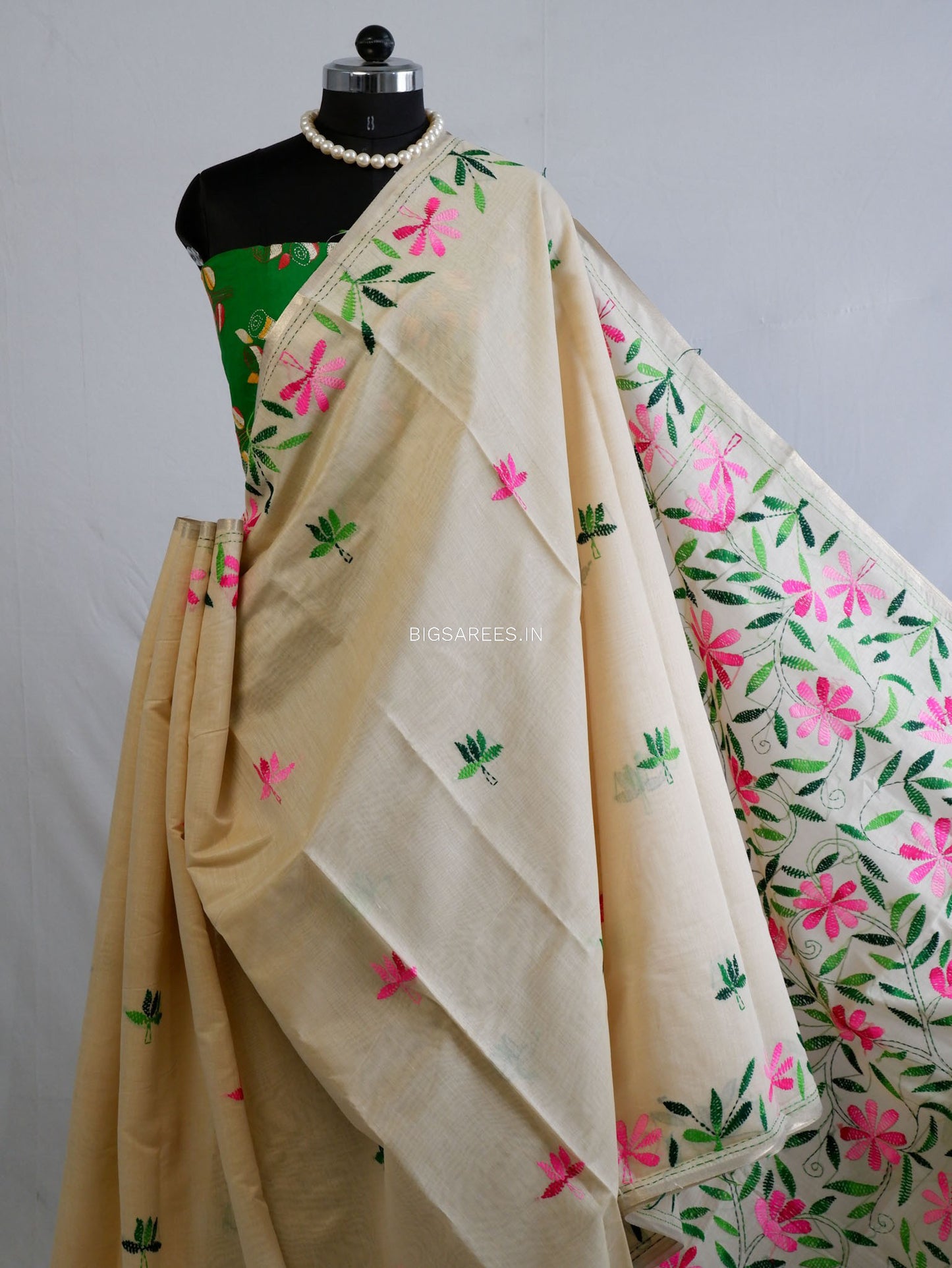 Kantha Stitch Semi Tussar with Blouse | Hand-Embroidered | Beige