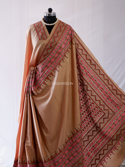Kantha - Stitch Hand Embroidered Saree | Pure Bangalore Silk | Silk Mark Certified | Brown