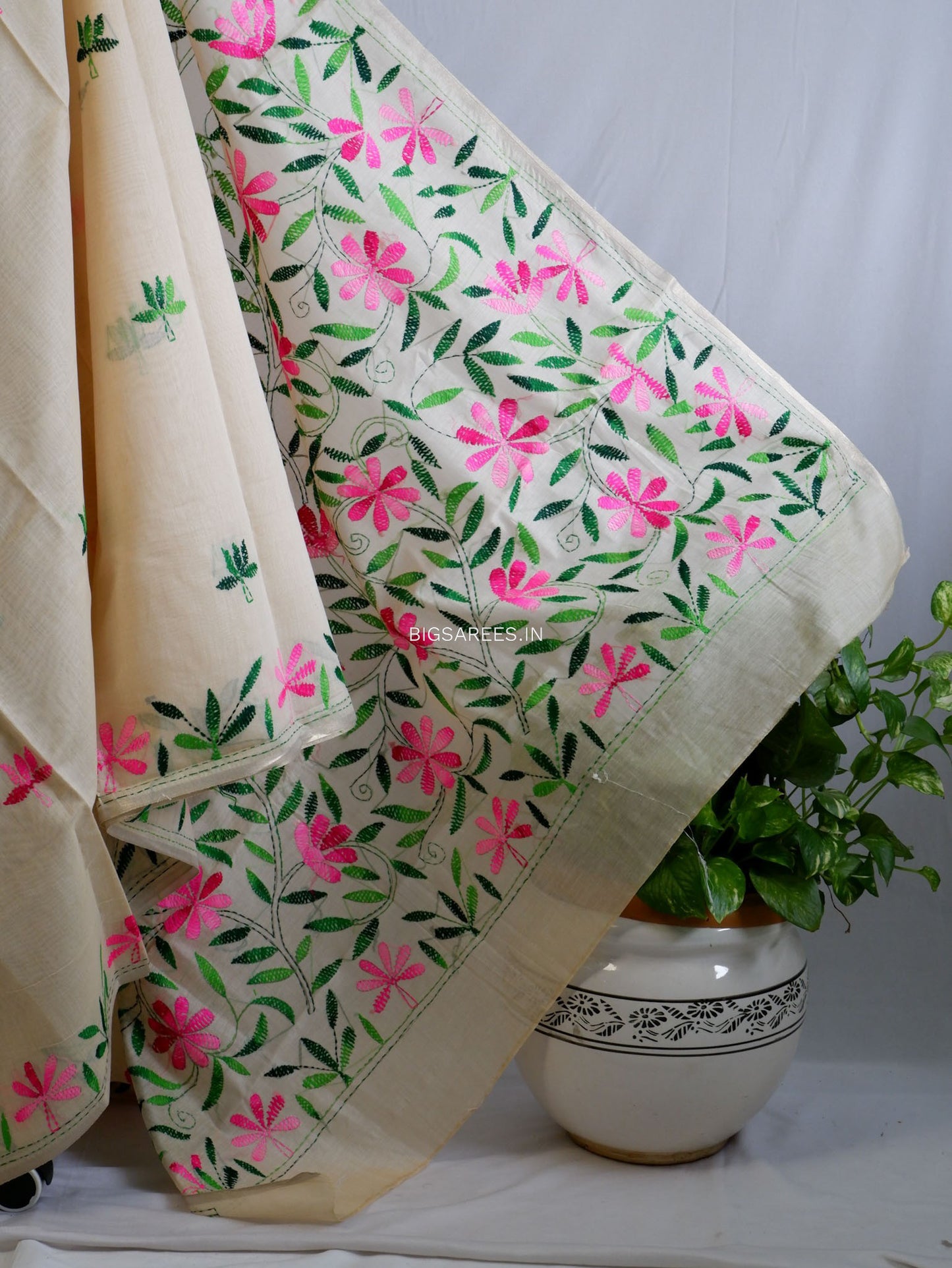Kantha Stitch Semi Tussar with Blouse | Hand-Embroidered | Beige