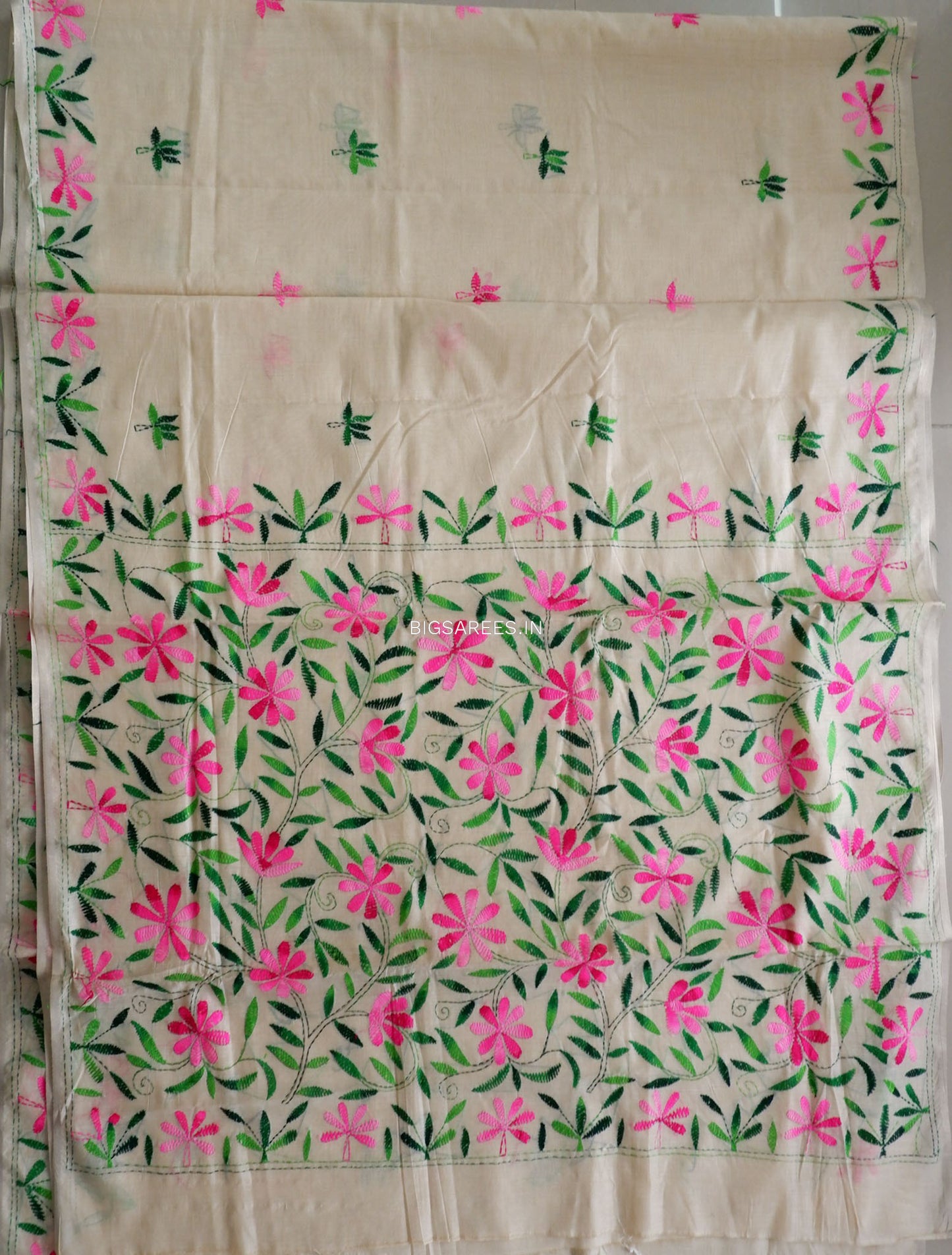 Kantha Stitch Semi Tussar with Blouse | Hand-Embroidered | Beige