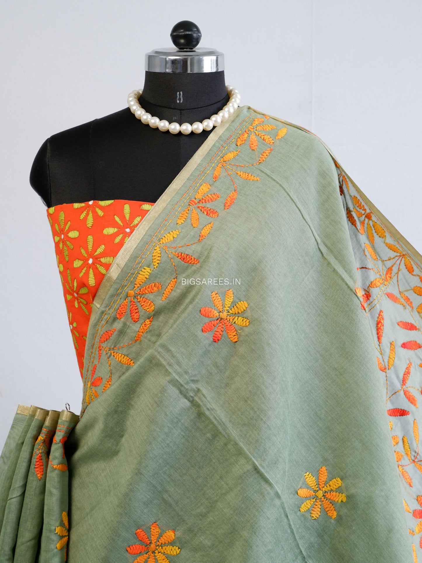 Kantha Stitch Semi Tussar with Blouse | Hand-Embroidered | Sage Green